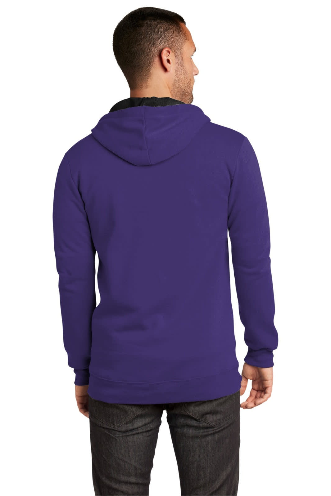 A purple full-zip hoodie featuring a hood and long sleeves, viewed from the back.