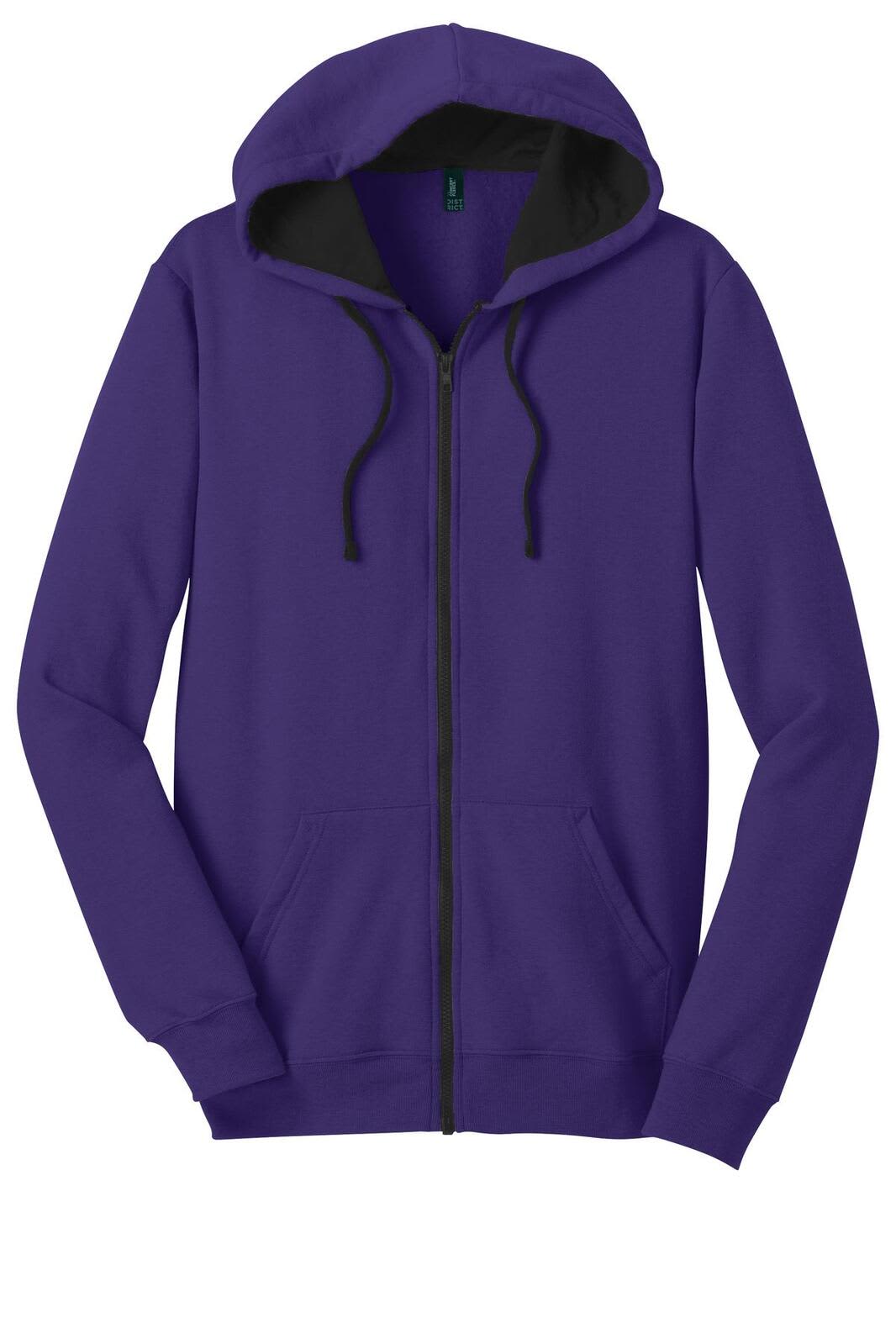 A purple full-zip hoodie with a black interior and a logo on the front. Features a drawstring hood.