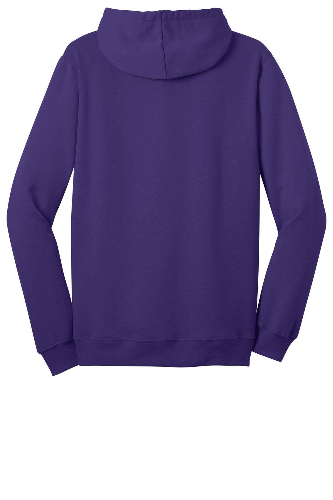 A purple full-zip hoodie with a hood, featuring long sleeves and a minimalistic design on the back.