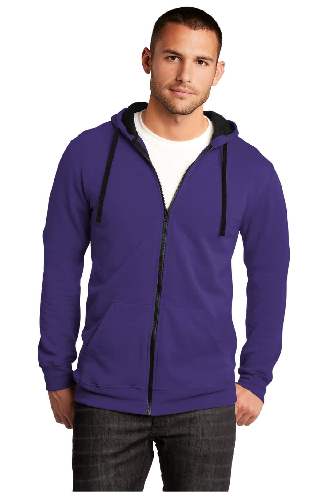 A young man is wearing a full-zip hoodie in purple with a contrasting hood. The hoodie has a logo.