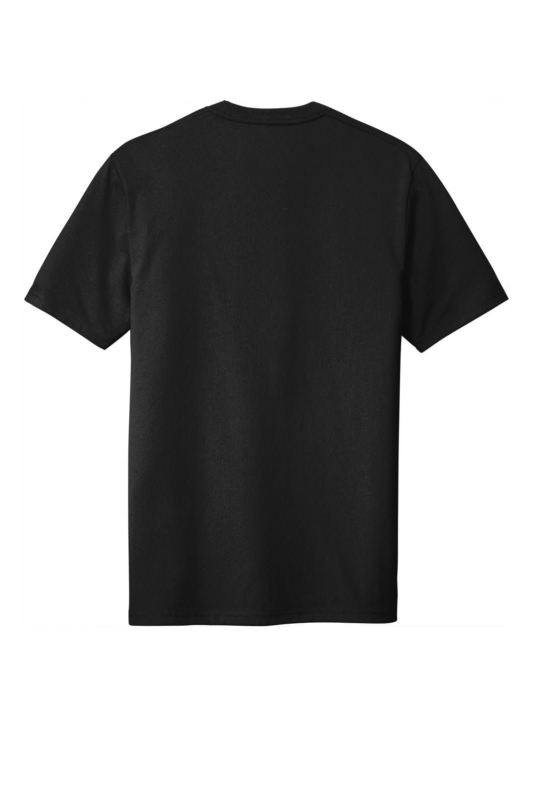 A black t-shirt featuring short sleeves and a round neck, with a plain back and a small logo.