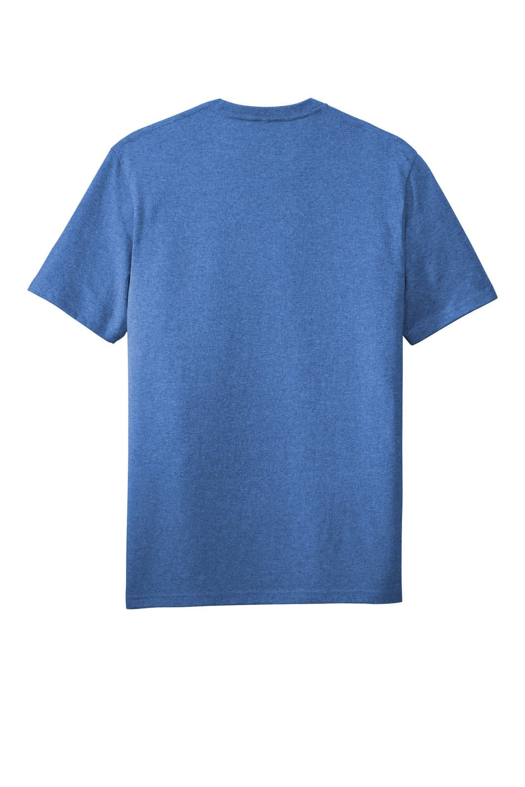 A blue t-shirt with a plain back, featuring a logo or branding on the fabric.