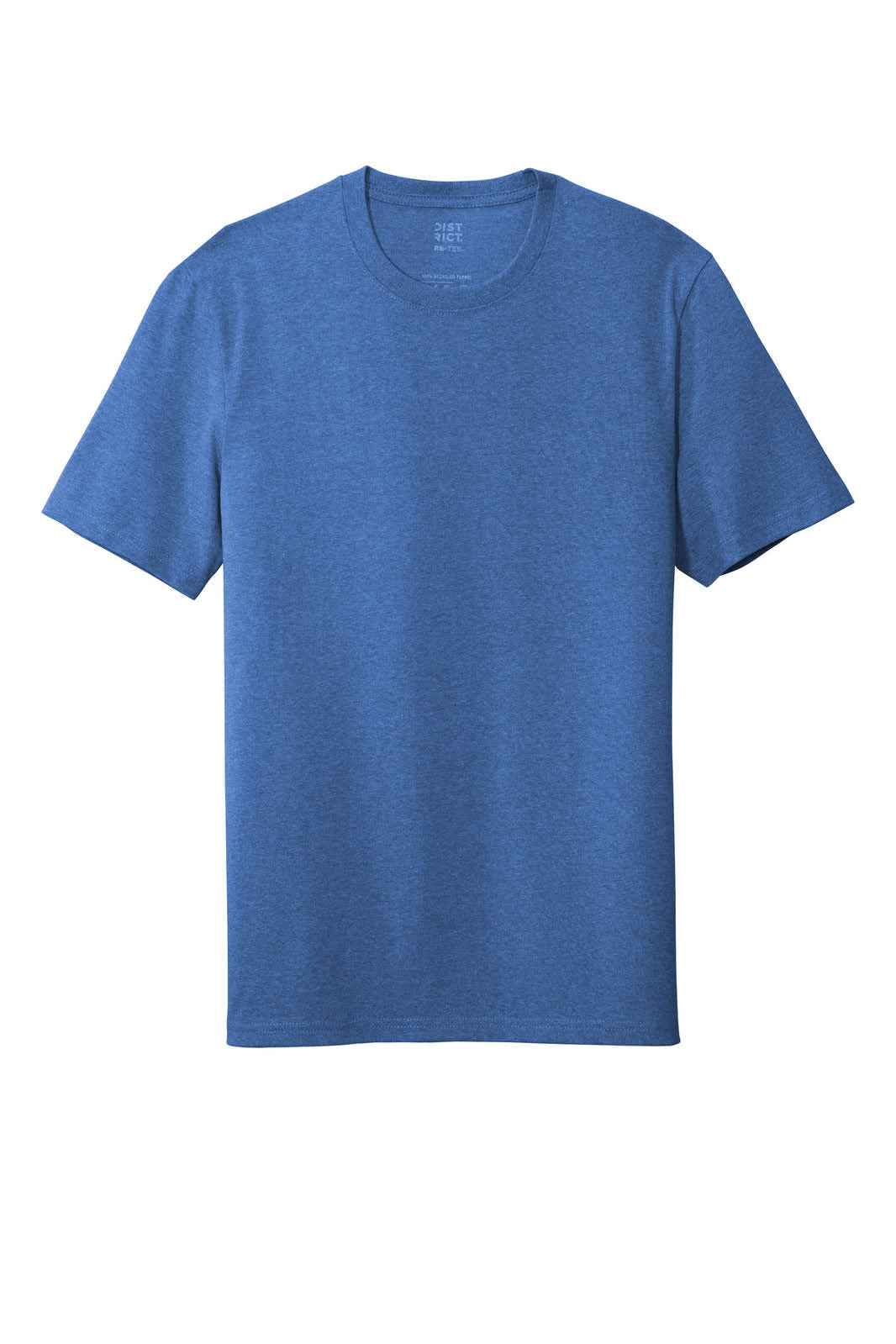 A blue t-shirt featuring a crew neck design and short sleeves, with a logo on the label.
