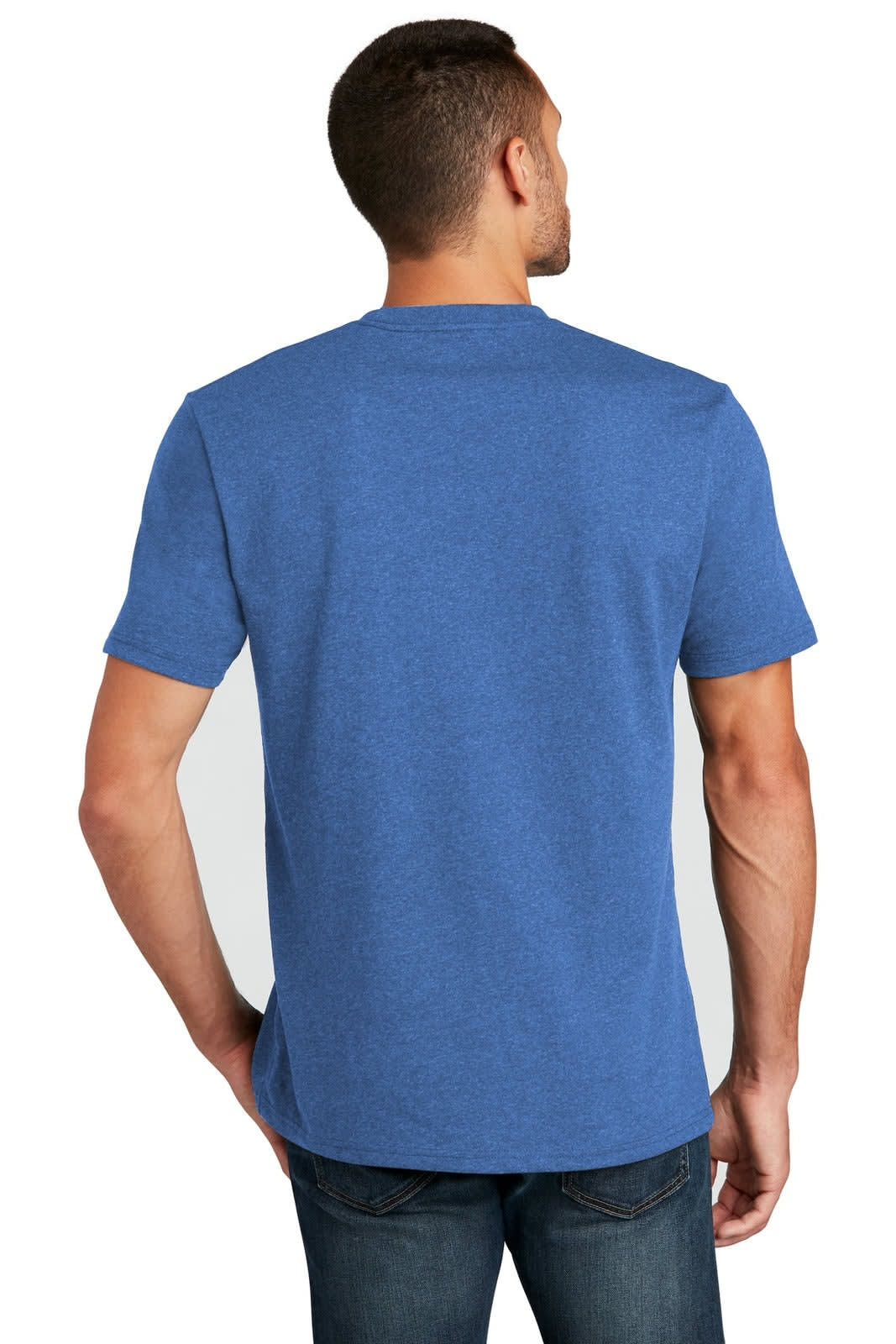 A blue t-shirt with short sleeves displayed from the back, featuring a logo.