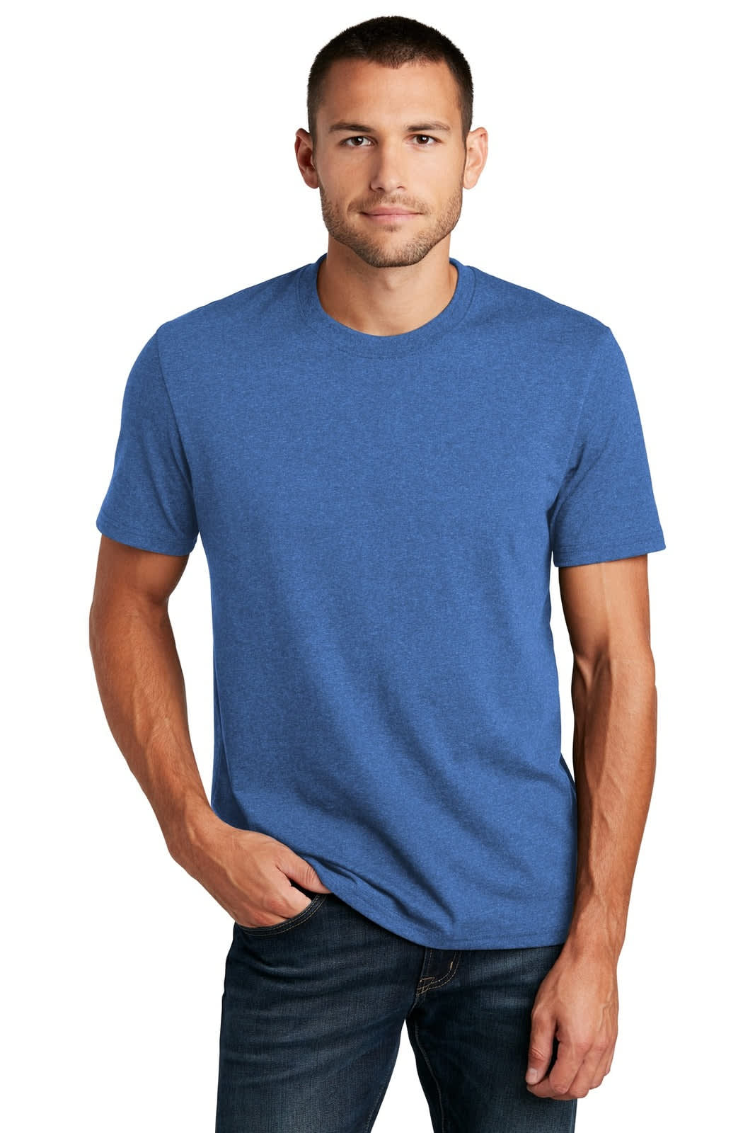 A blue T-shirt featuring a crew neckline, modelled by a man wearing dark jeans. The shirt has a logo.