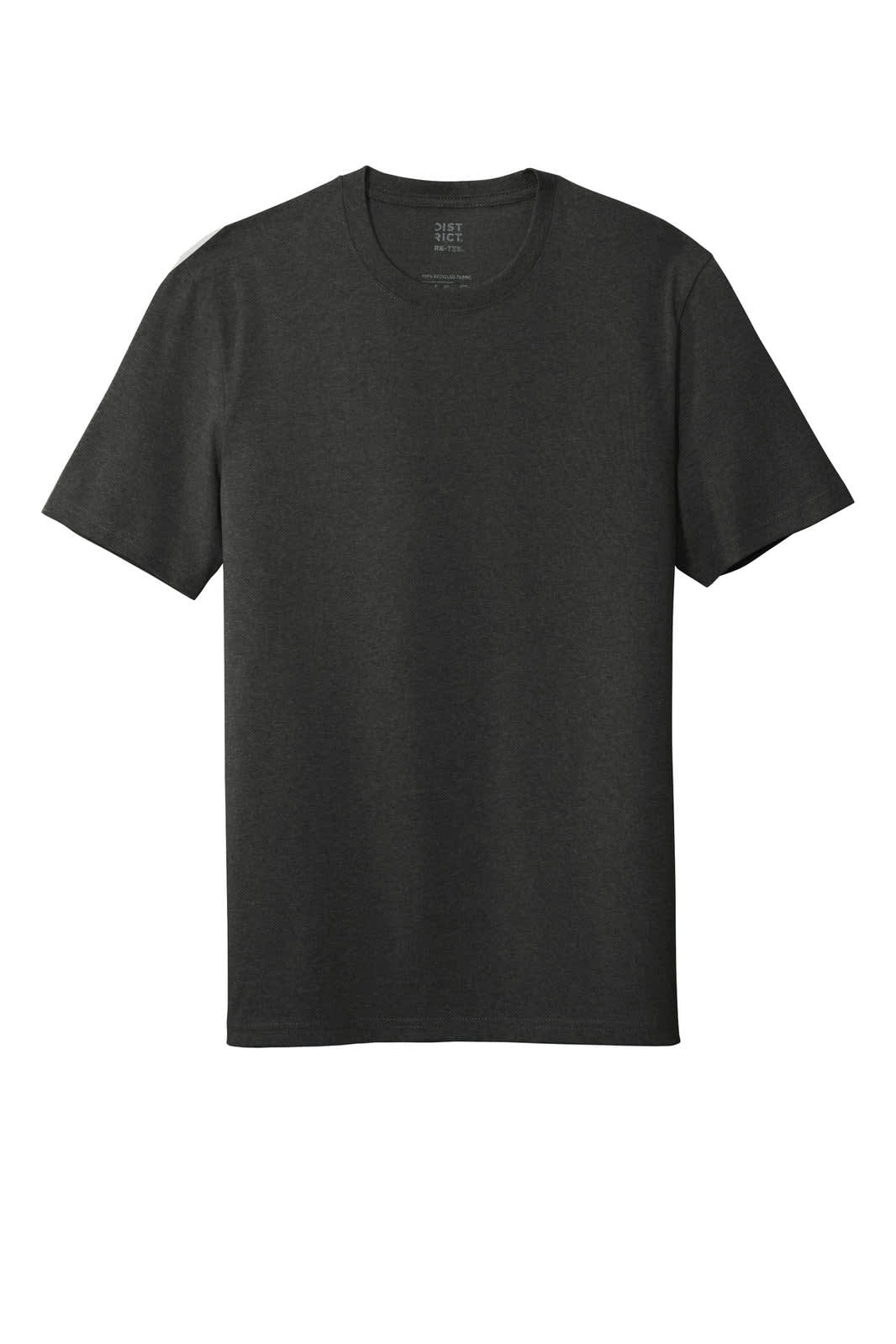 A dark charcoal t-shirt featuring a round neck and short sleeves, with a logo on the inside label.