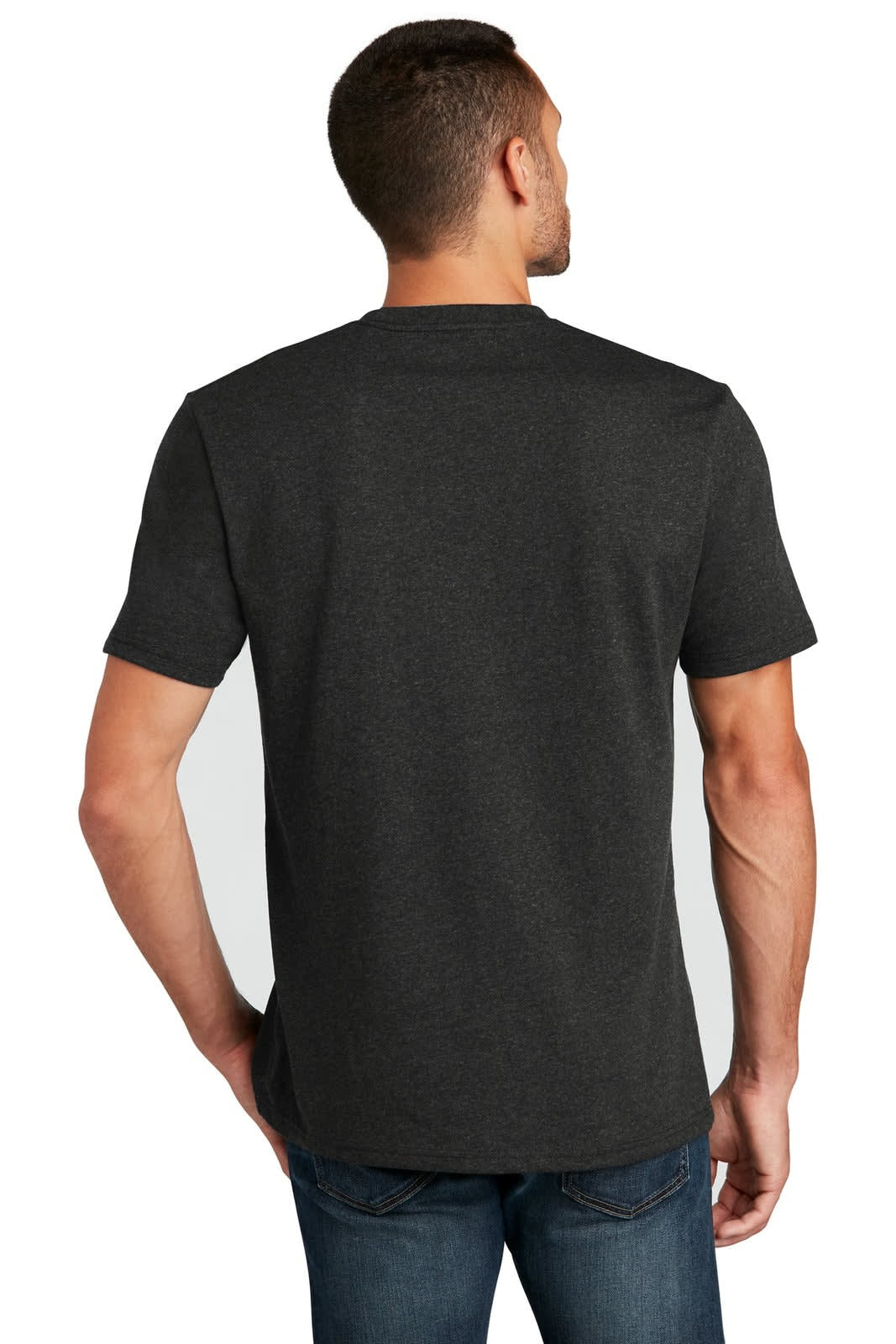 A grey t-shirt with a casual fit, featuring a plain design and a logo on the back.