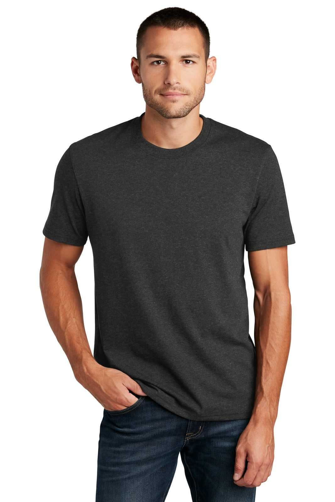 A grey short-sleeved T-shirt is displayed on a model. The shirt has a simple design and features a logo.