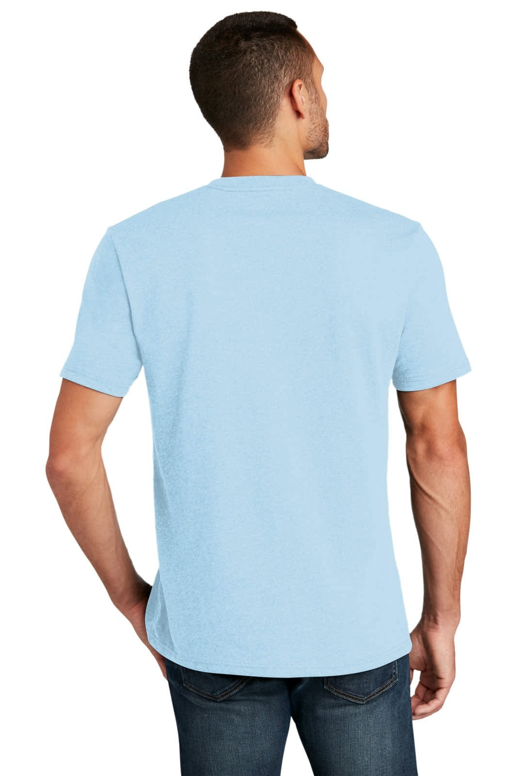 A light blue t-shirt, viewed from the back, has a simple design and features a logo.