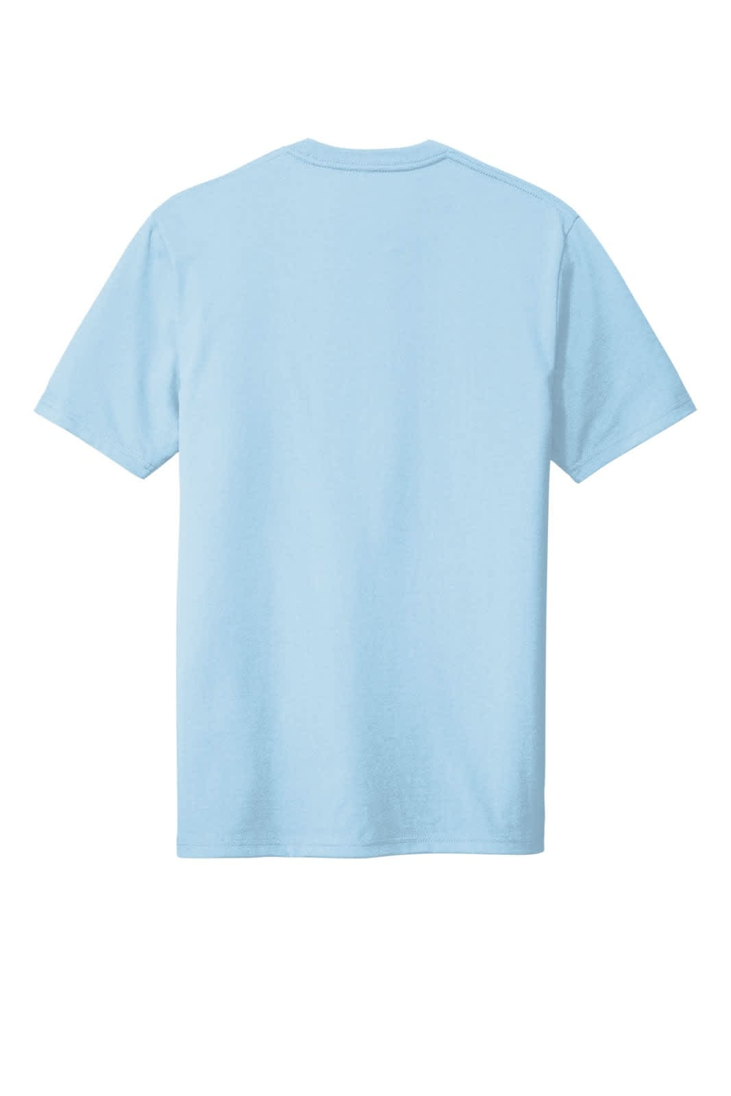 A light blue t-shirt featuring a classic crew neckline and short sleeves, with a logo on the back.