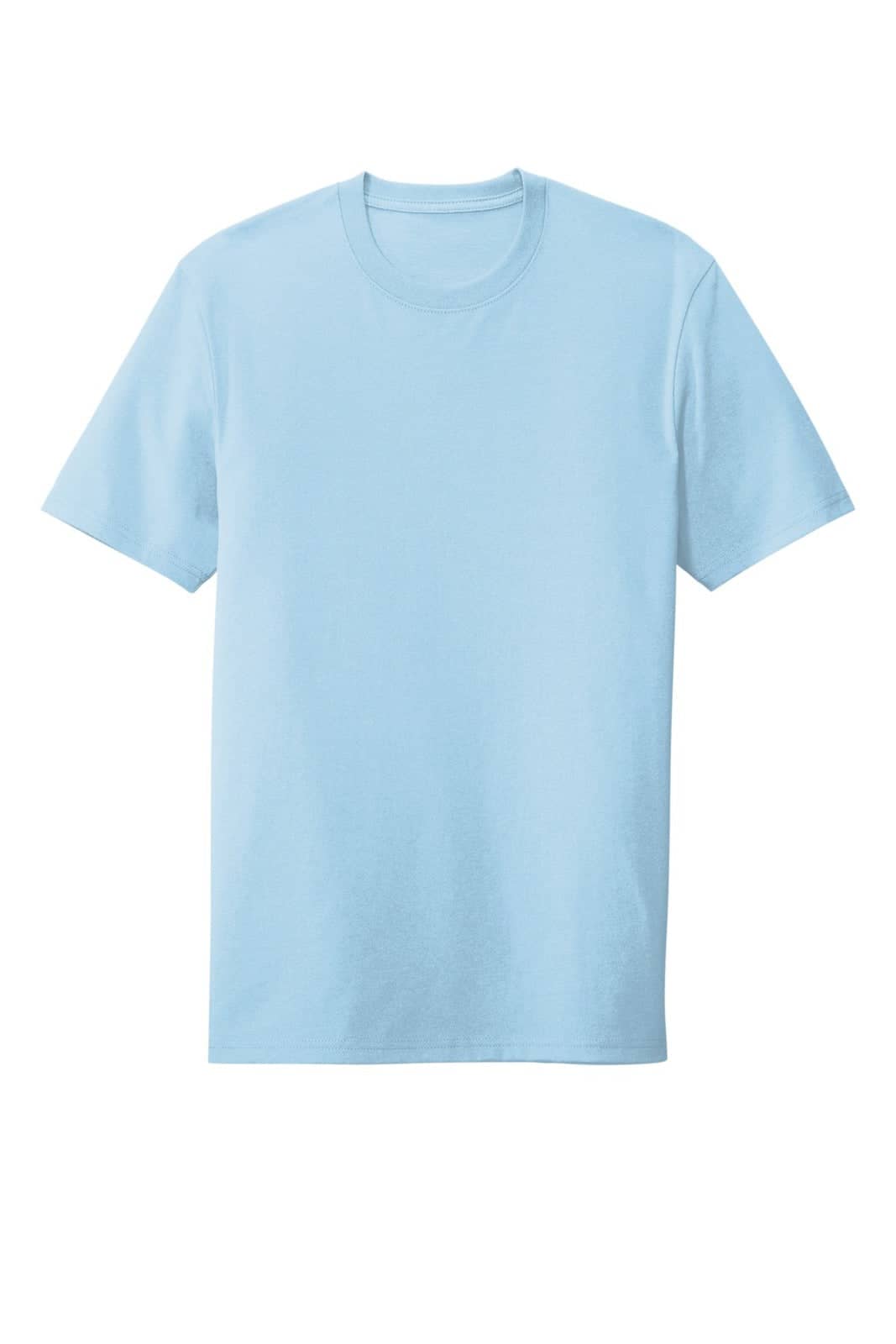 A light blue t-shirt featuring a round neckline and short sleeves. The shirt has a logo on it.