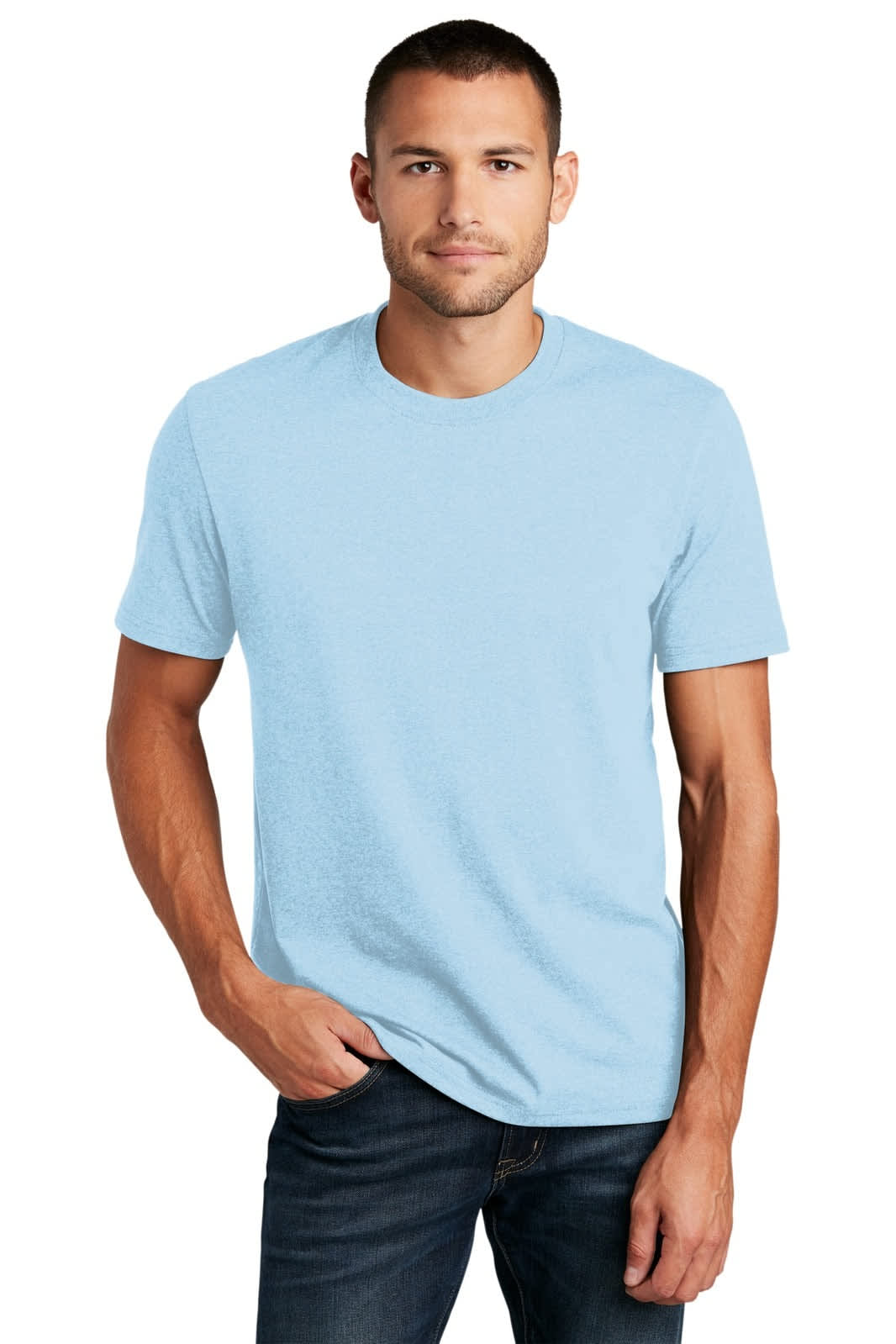 A light blue t-shirt with short sleeves worn by a model, featuring a logo on the shirt.