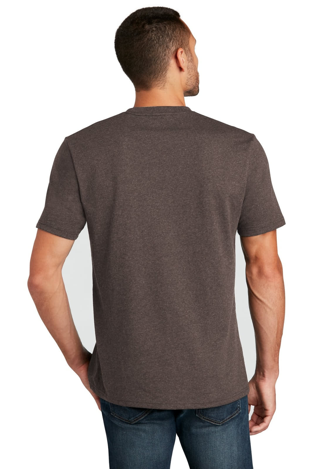 A man stands with his back to the camera, wearing a short-sleeved, brown T-shirt. The shirt has a logo on the back.
