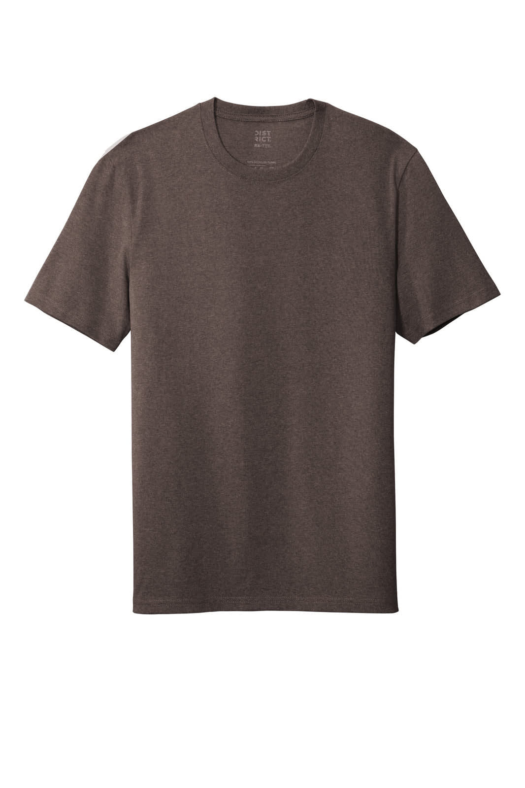 A brown T-shirt with short sleeves and a round neckline. The shirt features branding on the inside.