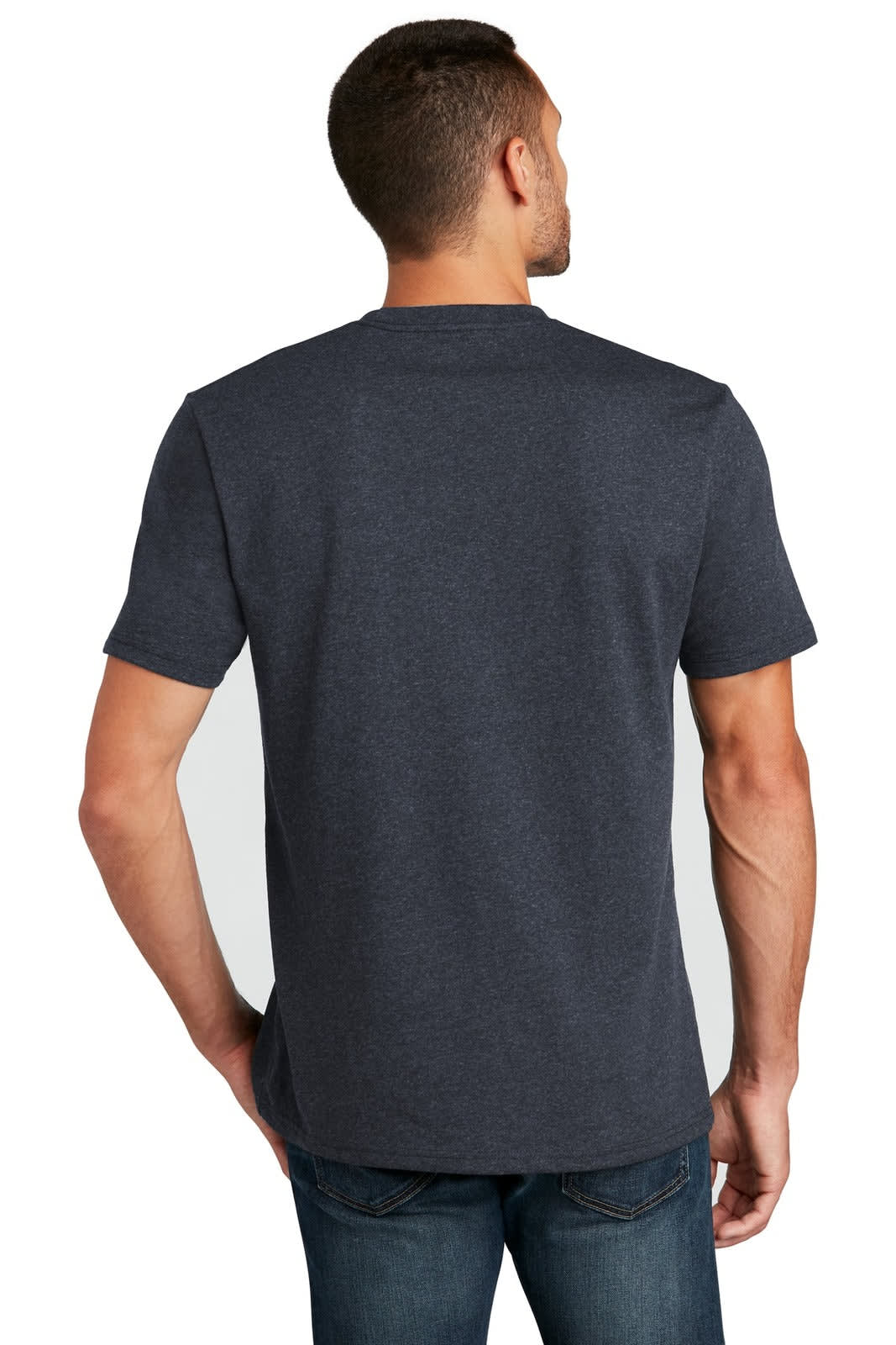 A dark grey t-shirt with short sleeves and a plain back, featuring a logo on the upper back.