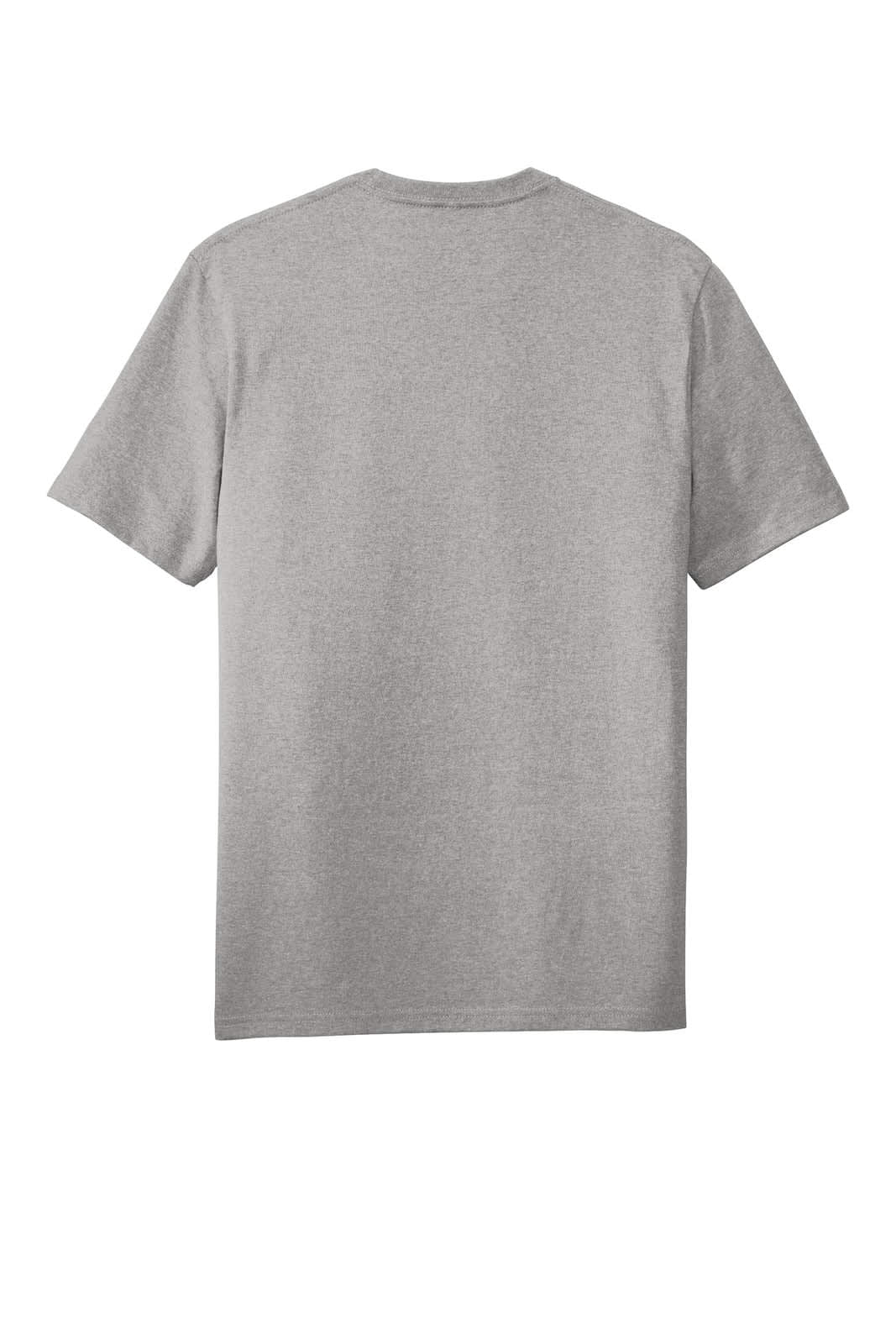 A grey T-shirt with a classic crew neck and short sleeves, featuring a logo on the back.