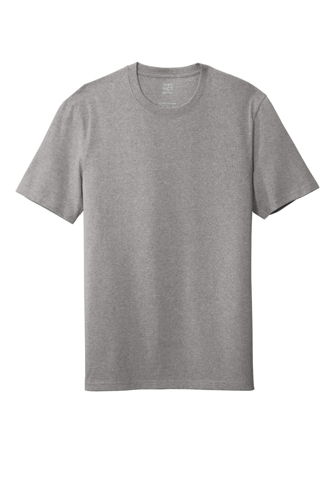 A grey t-shirt with short sleeves and a round neckline, featuring a logo on the label.