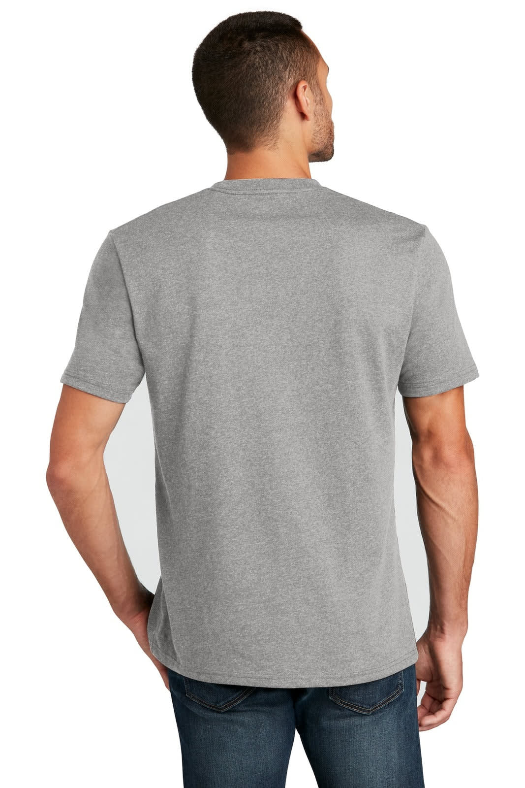 A grey t-shirt is displayed from the back, featuring short sleeves and a simple design, with a logo on the back.