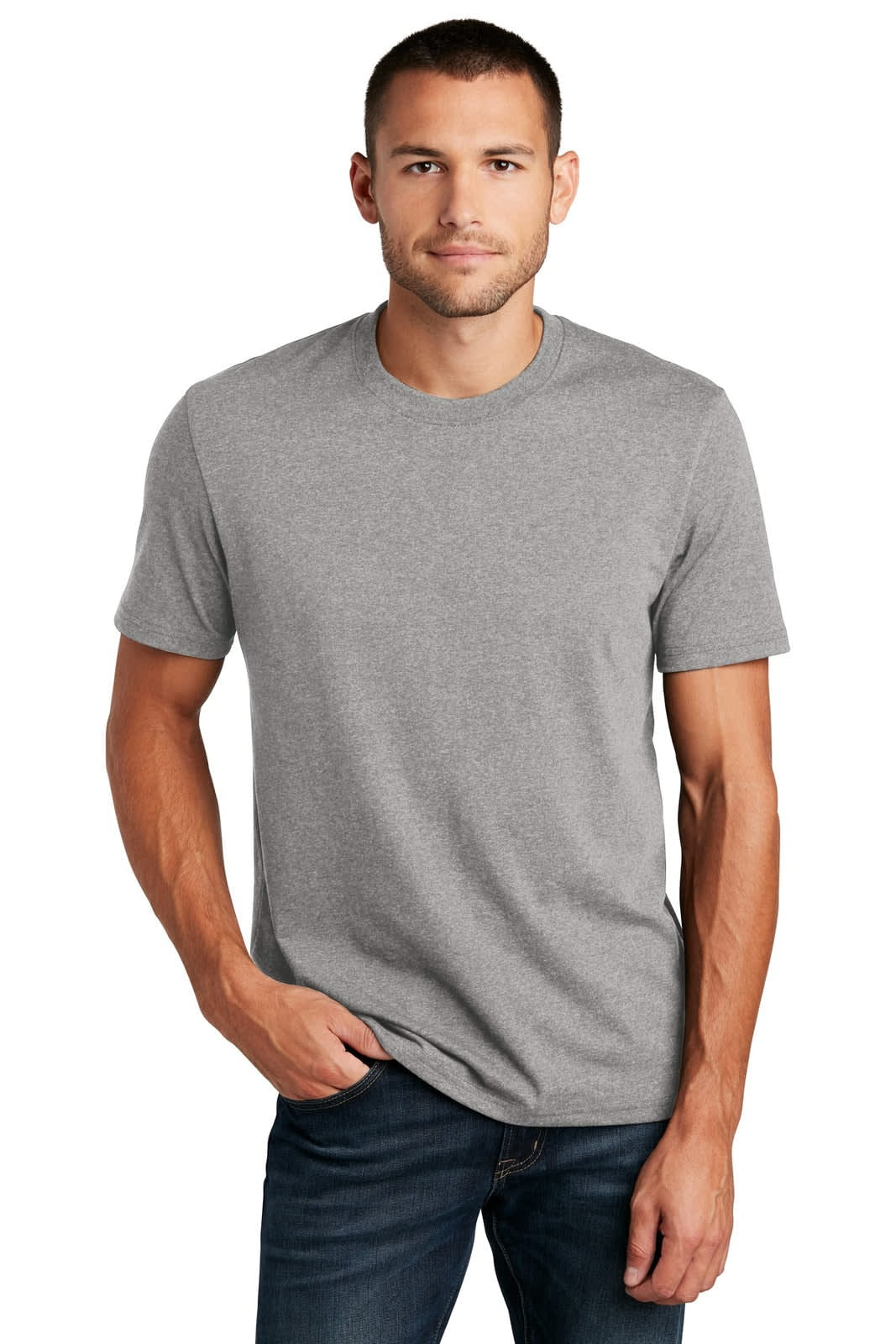 A grey short-sleeved t-shirt on a male model, featuring a simple design and a logo on the product.