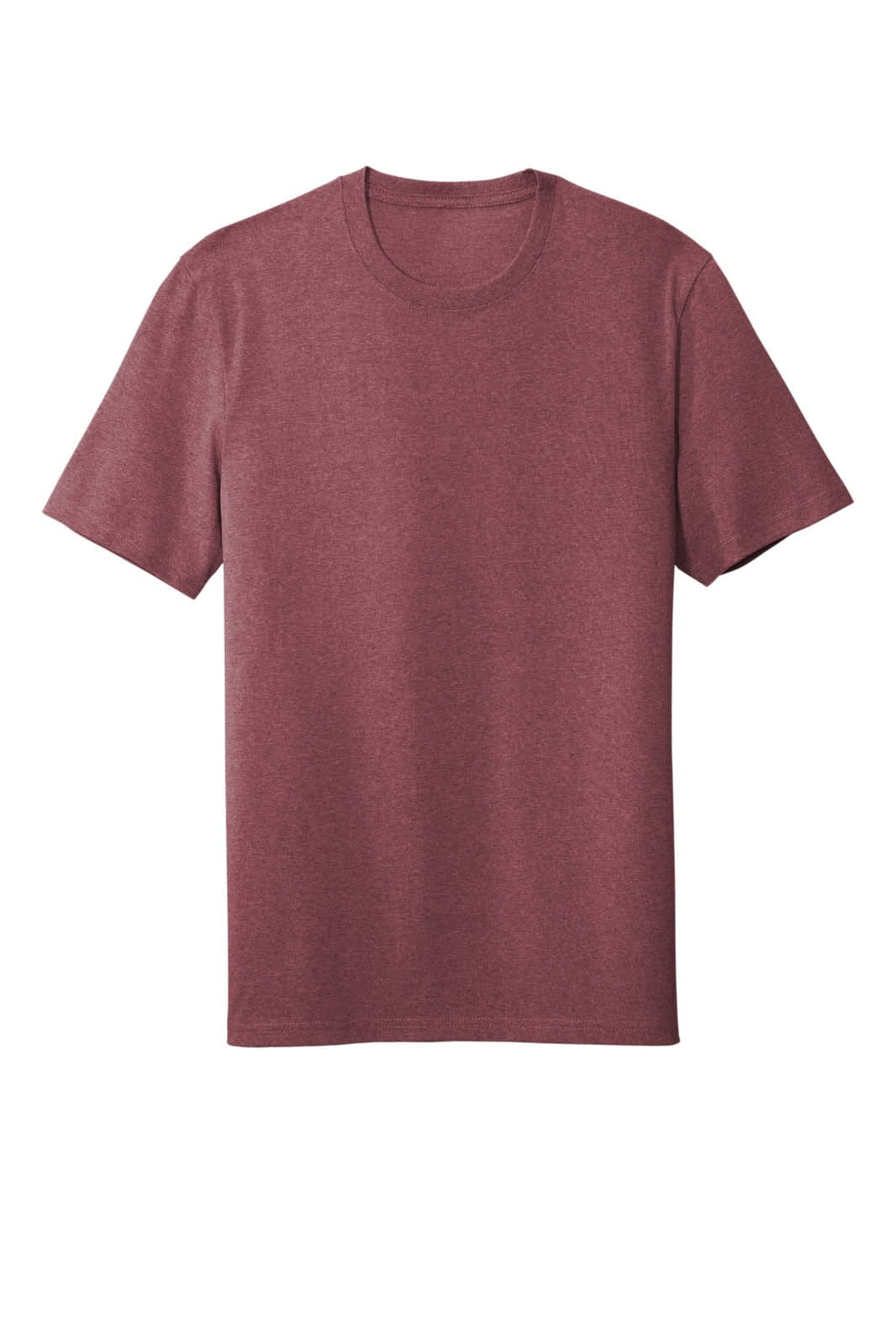 A maroon t-shirt with a round neckline and short sleeves. The shirt features a logo on one side.