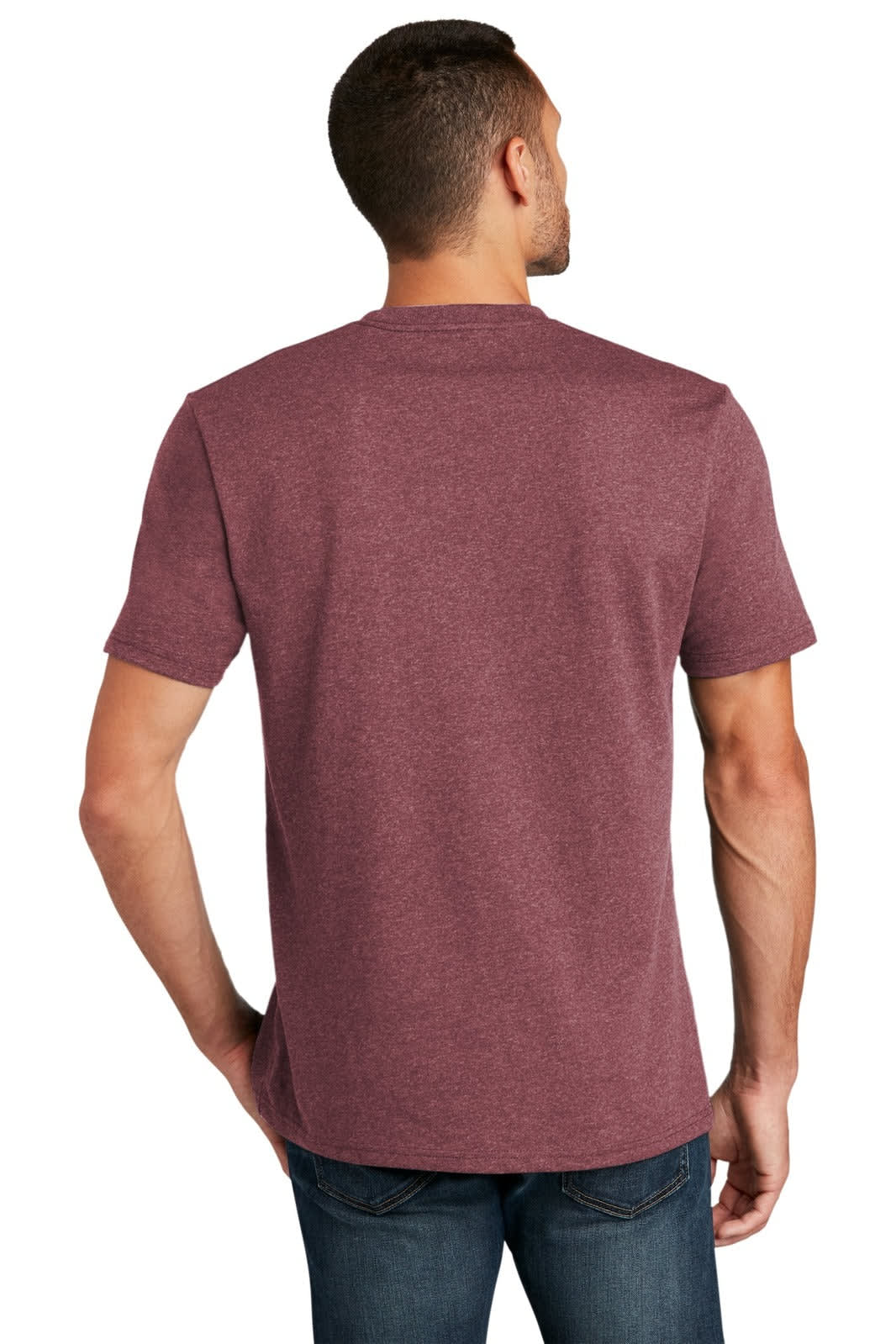 A back view of a maroon T-shirt featuring short sleeves and a simple design, with a logo on the back.