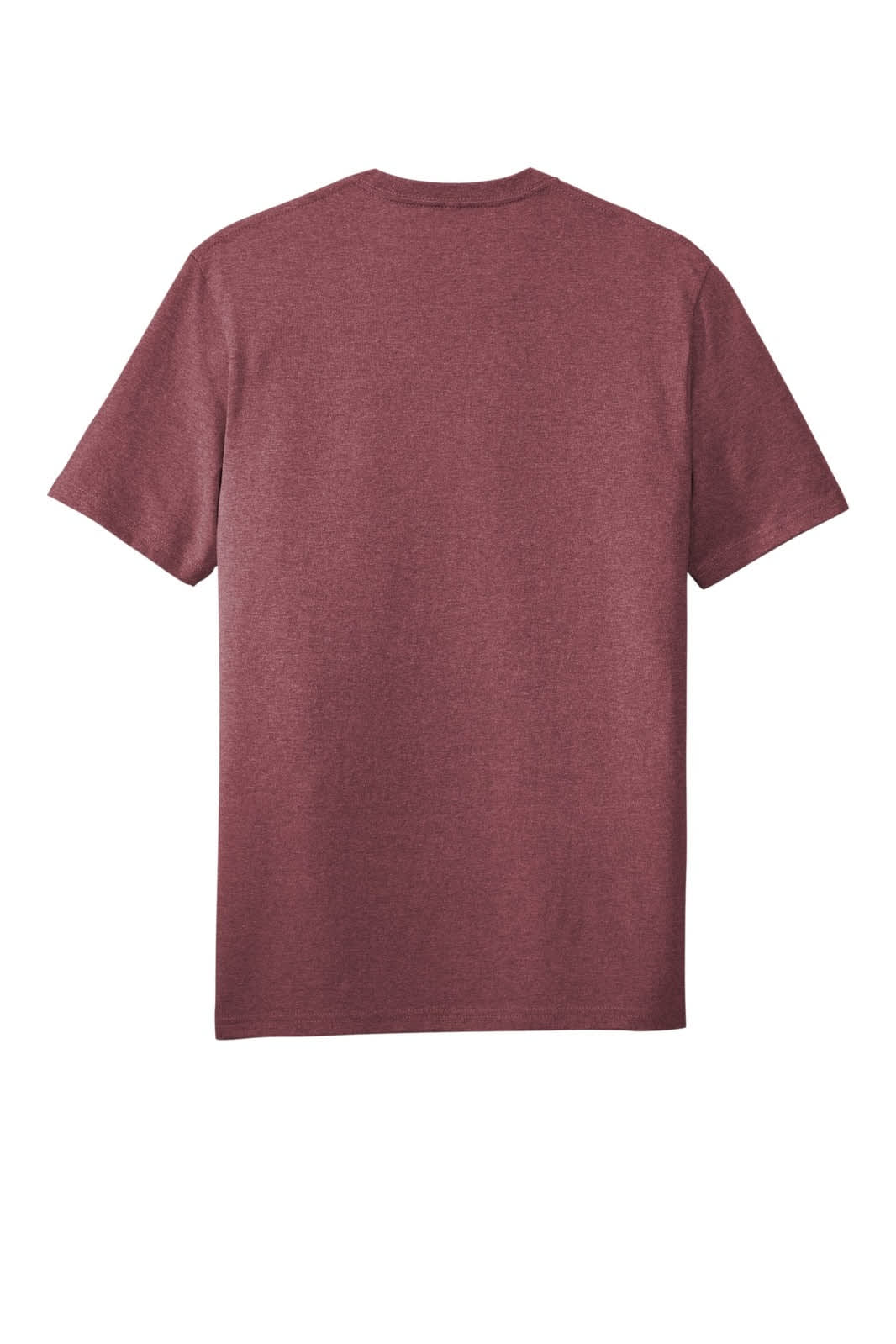 A maroon T-shirt with short sleeves, featuring a plain back and a branding logo.