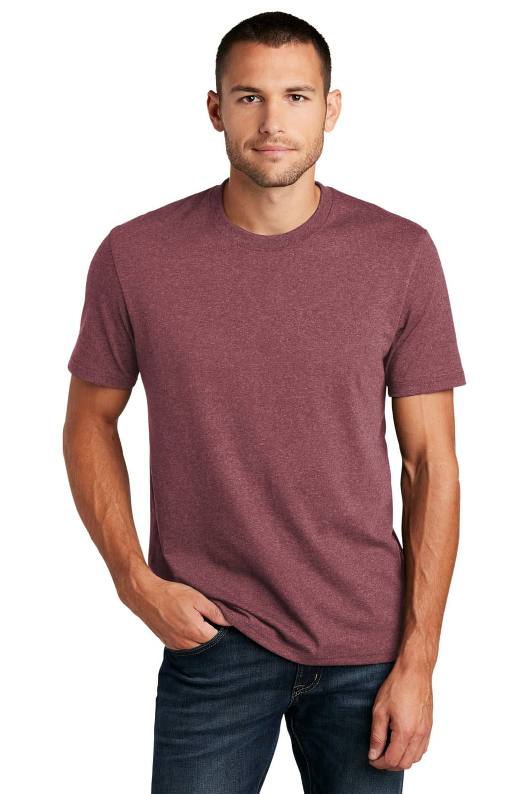 A model wearing a maroon t-shirt, featuring short sleeves and a round neckline, with a logo.