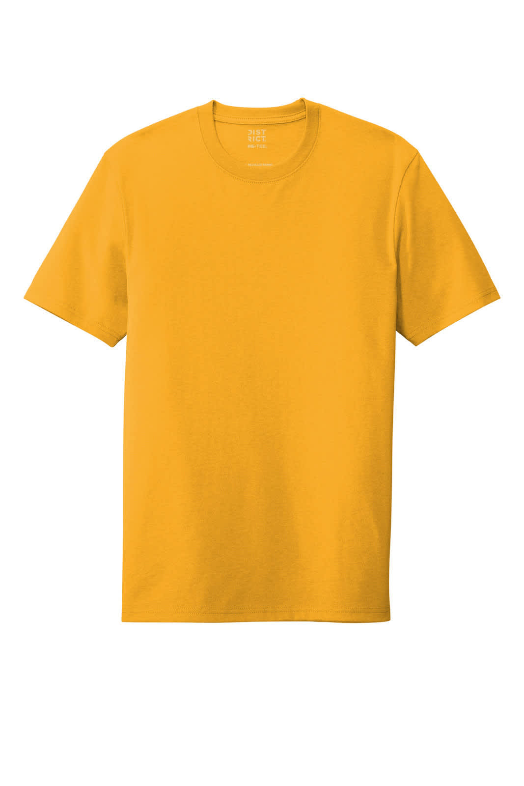 A yellow T-shirt with short sleeves and a simple design. It features a logo on the label.