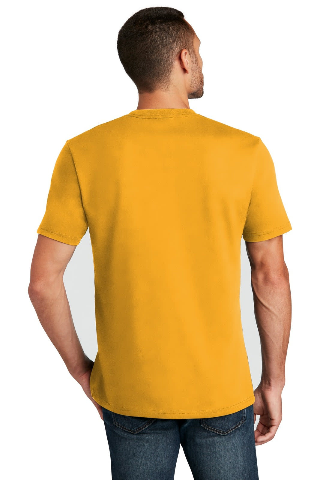 A man wearing a yellow t-shirt, viewed from the back, with short sleeves and a simple design.