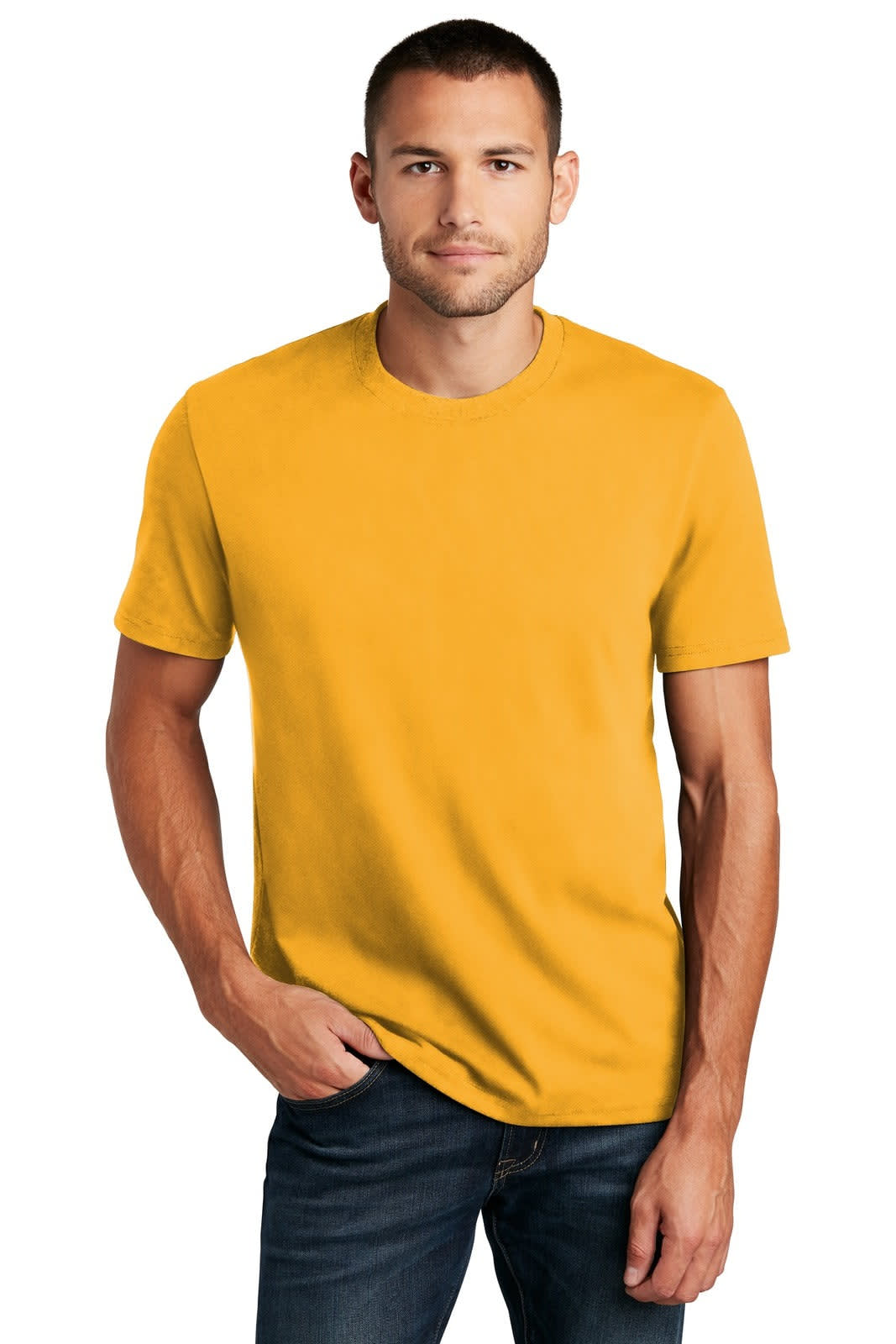 A yellow t-shirt displayed on a male model, featuring a basic crew neck design and short sleeves.