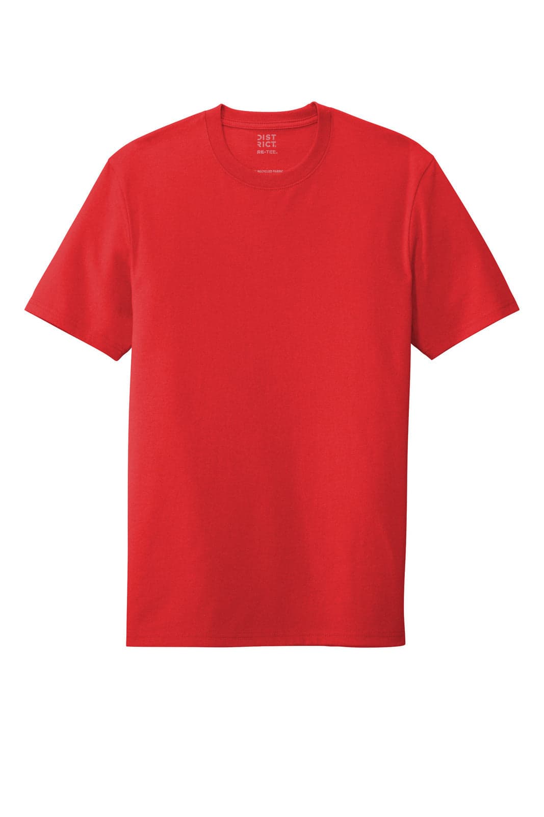 A red t-shirt with short sleeves and a simple design, featuring a branding logo.