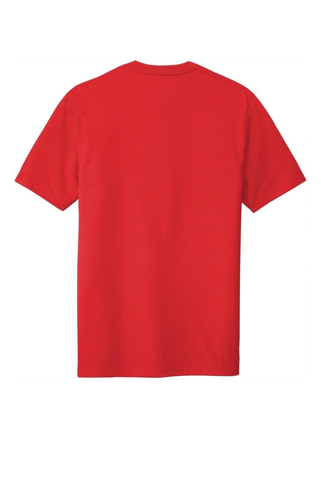 A red T-shirt with short sleeves and a plain back, featuring a logo on the upper corner.