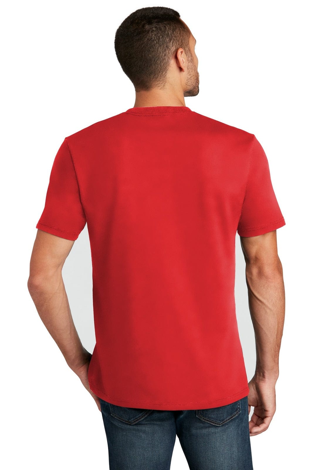 A red T-shirt is displayed from the back, featuring short sleeves and a simple design. It has a logo on the back.