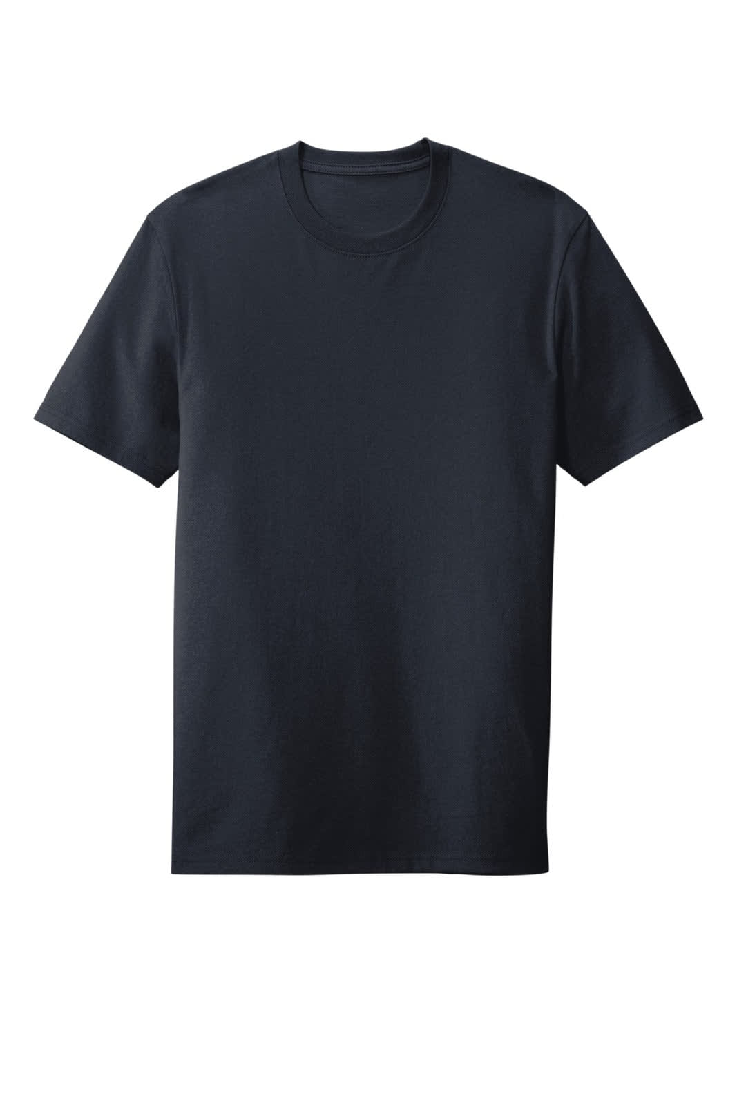 A navy blue T-shirt featuring a crew neck design and short sleeves. It includes a branding logo.
