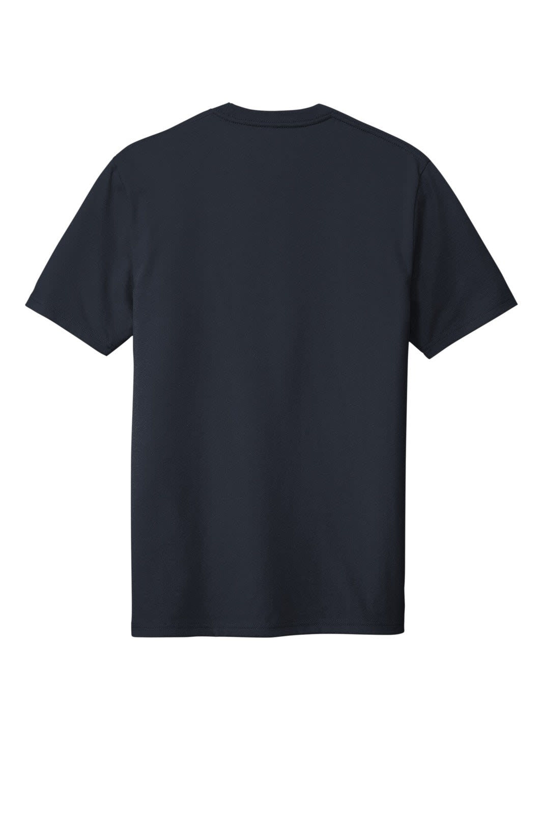 A navy blue T-shirt with a simple design and a branding logo on the back.