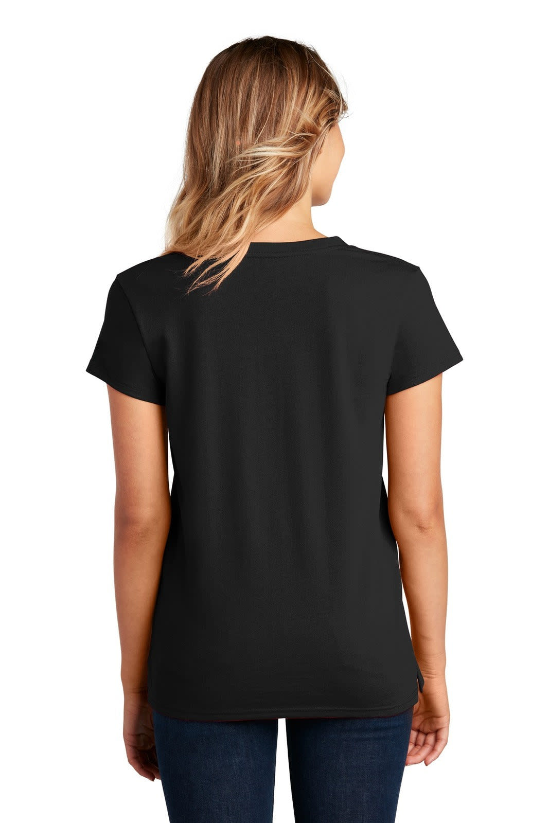 A black women's V-neck t-shirt with short sleeves, featuring a logo on the back.