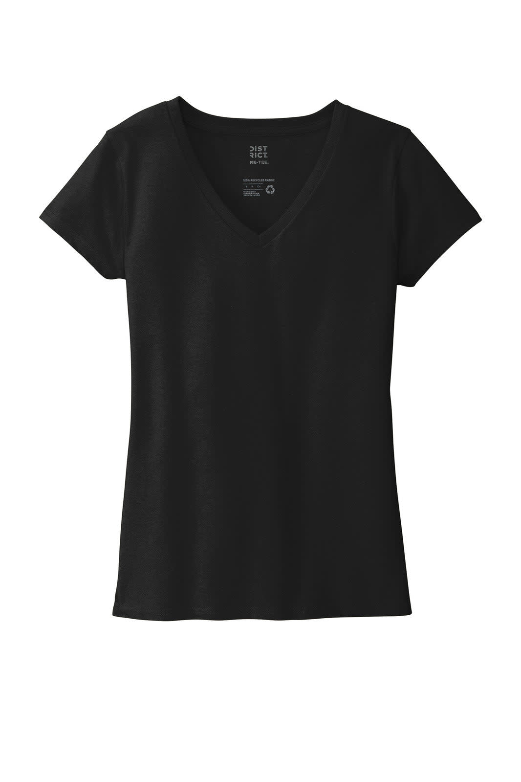 A black V-neck t-shirt with short sleeves, featuring a logo on the inside tag.