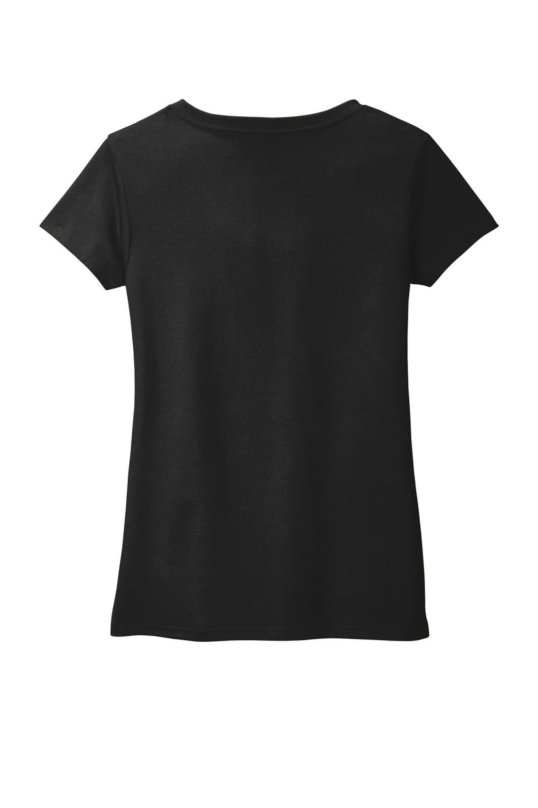 A black women's V-neck t-shirt with short sleeves, featuring a logo on the back.