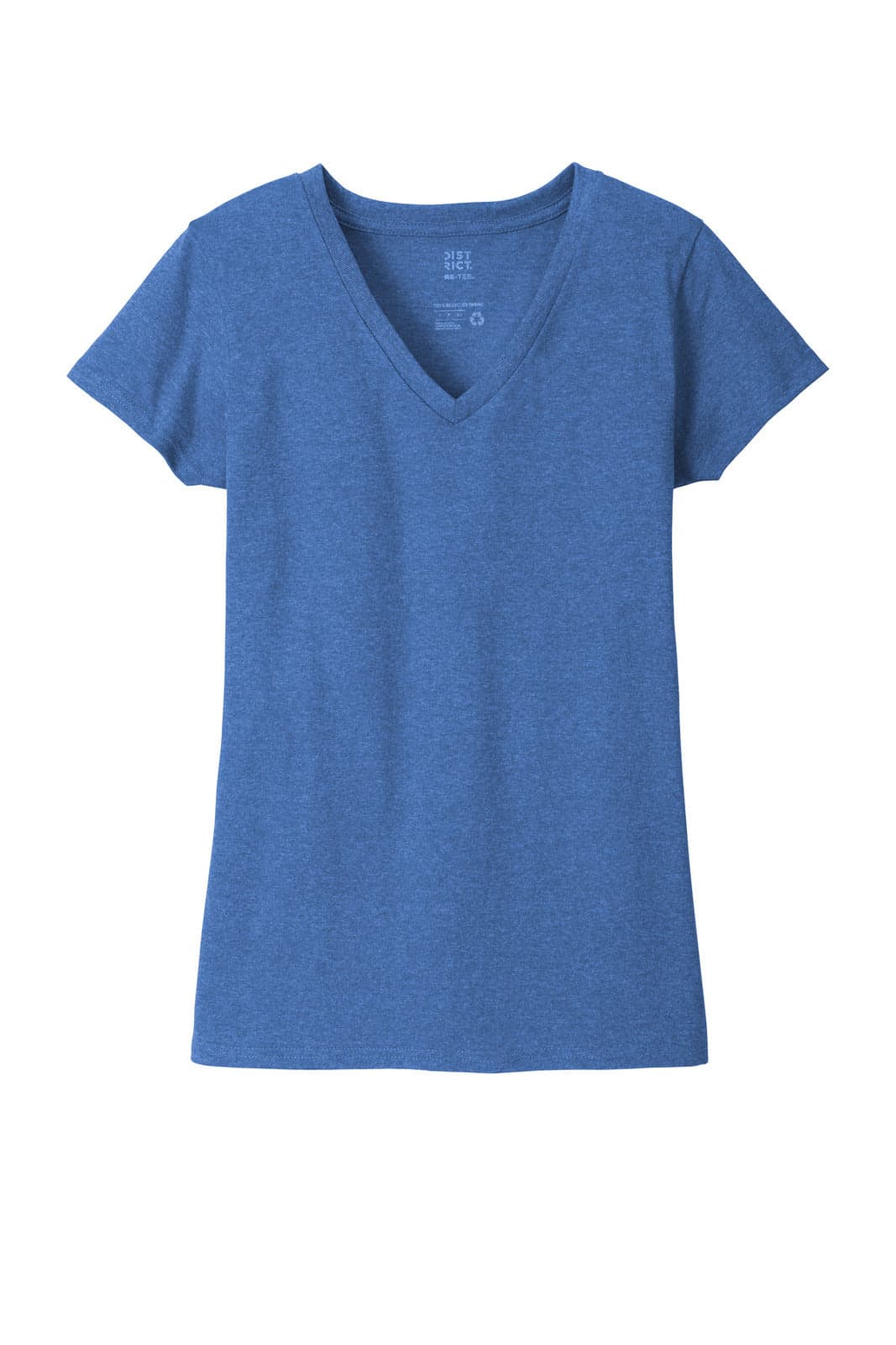 A blue V-neck T-shirt with short sleeves, featuring a simple design and a logo.