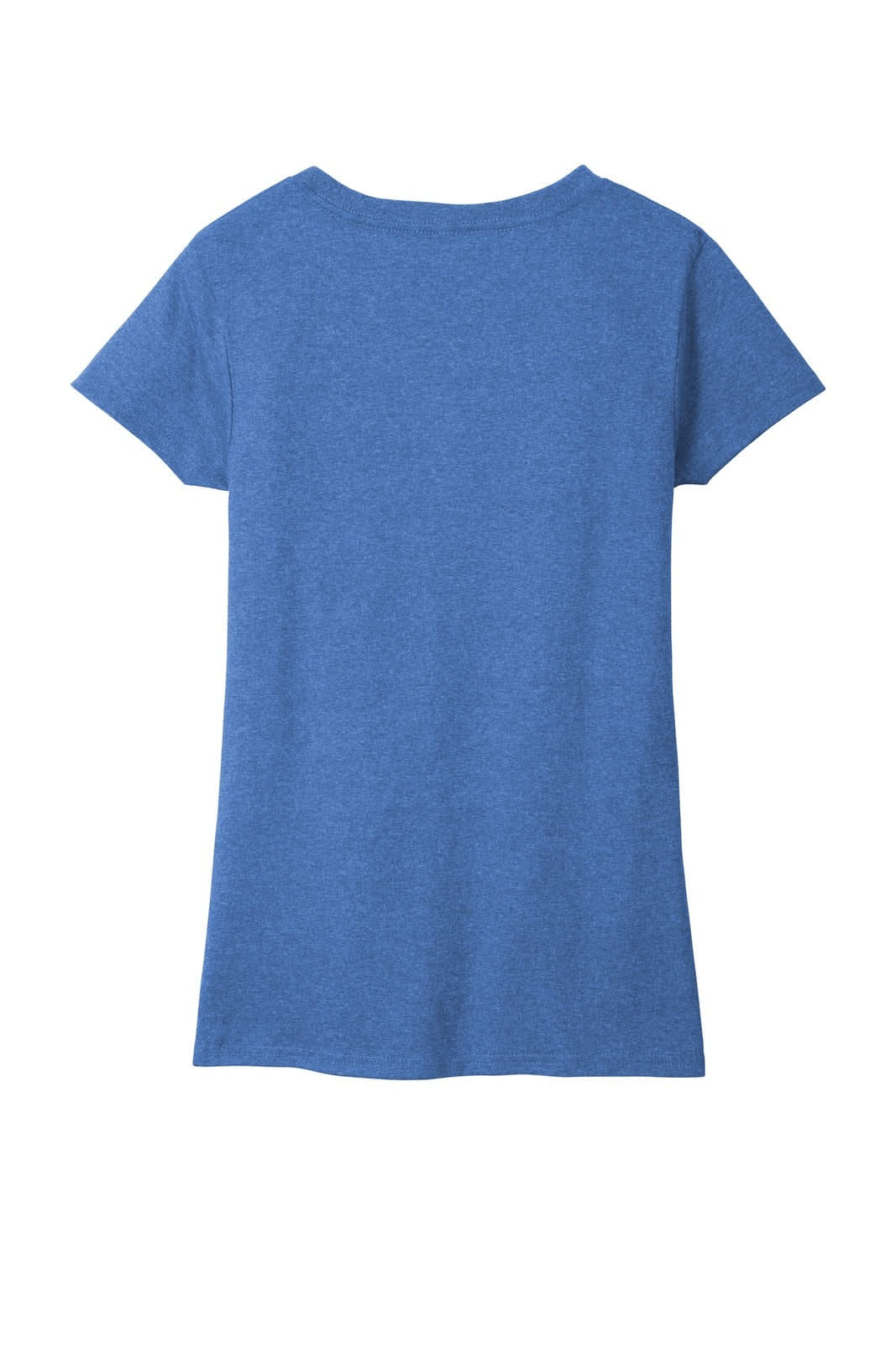 A blue v-neck t-shirt with short sleeves and a back view, featuring a branding logo.