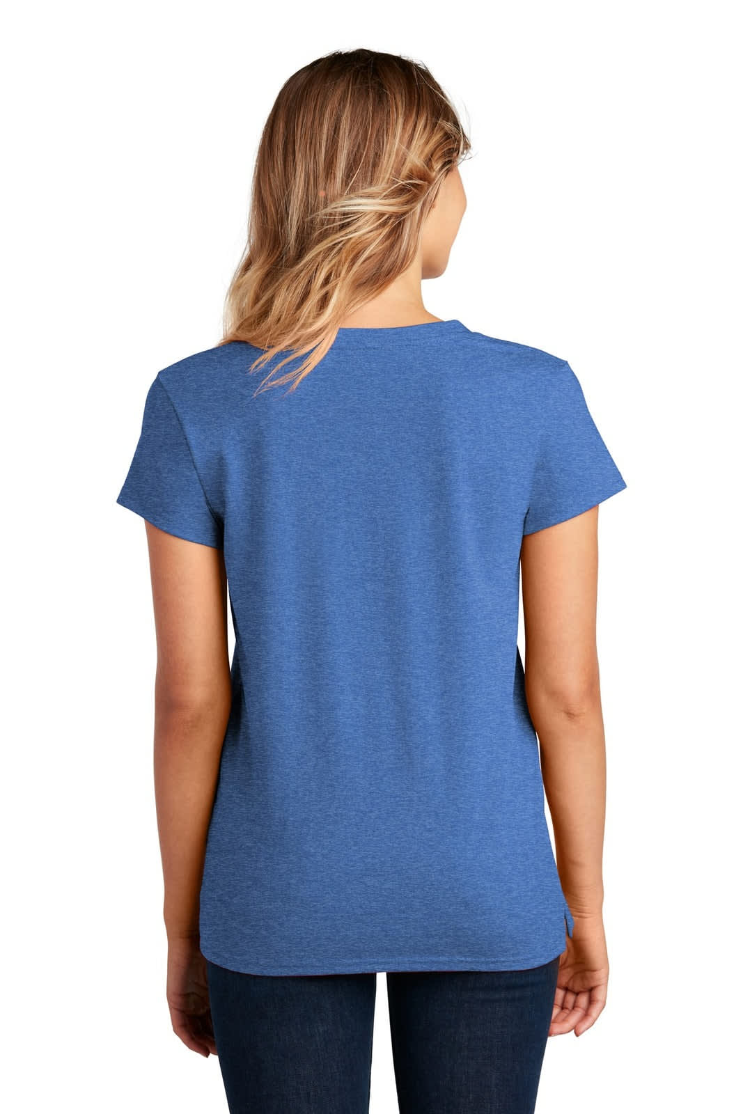 A blue women's V-neck T-shirt, featuring a fitted design and short sleeves, with a logo on the back.