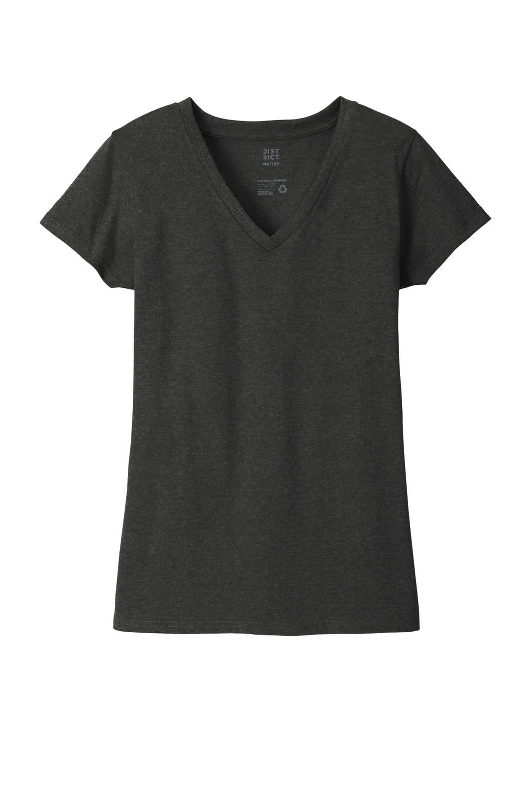 A dark grey women's v-neck t-shirt with a short sleeve design and a logo.