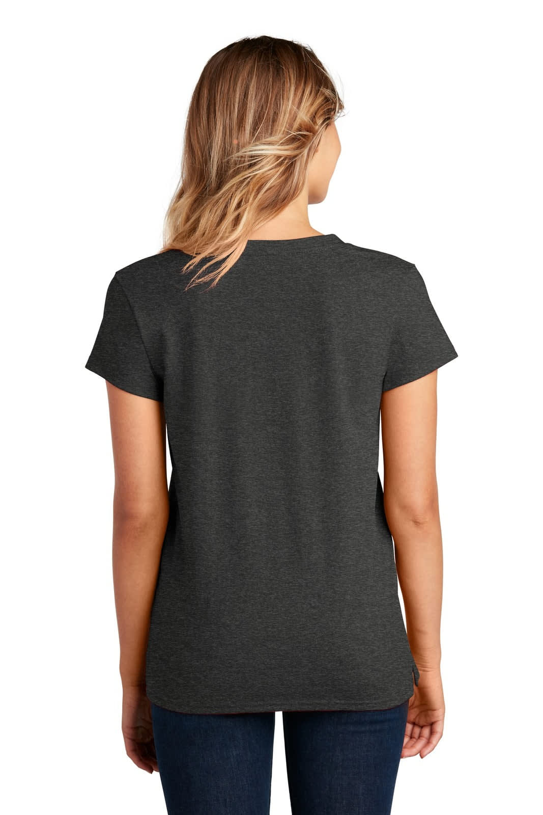 A back view of a women's dark grey V-neck t-shirt with short sleeves. The shirt has a logo.