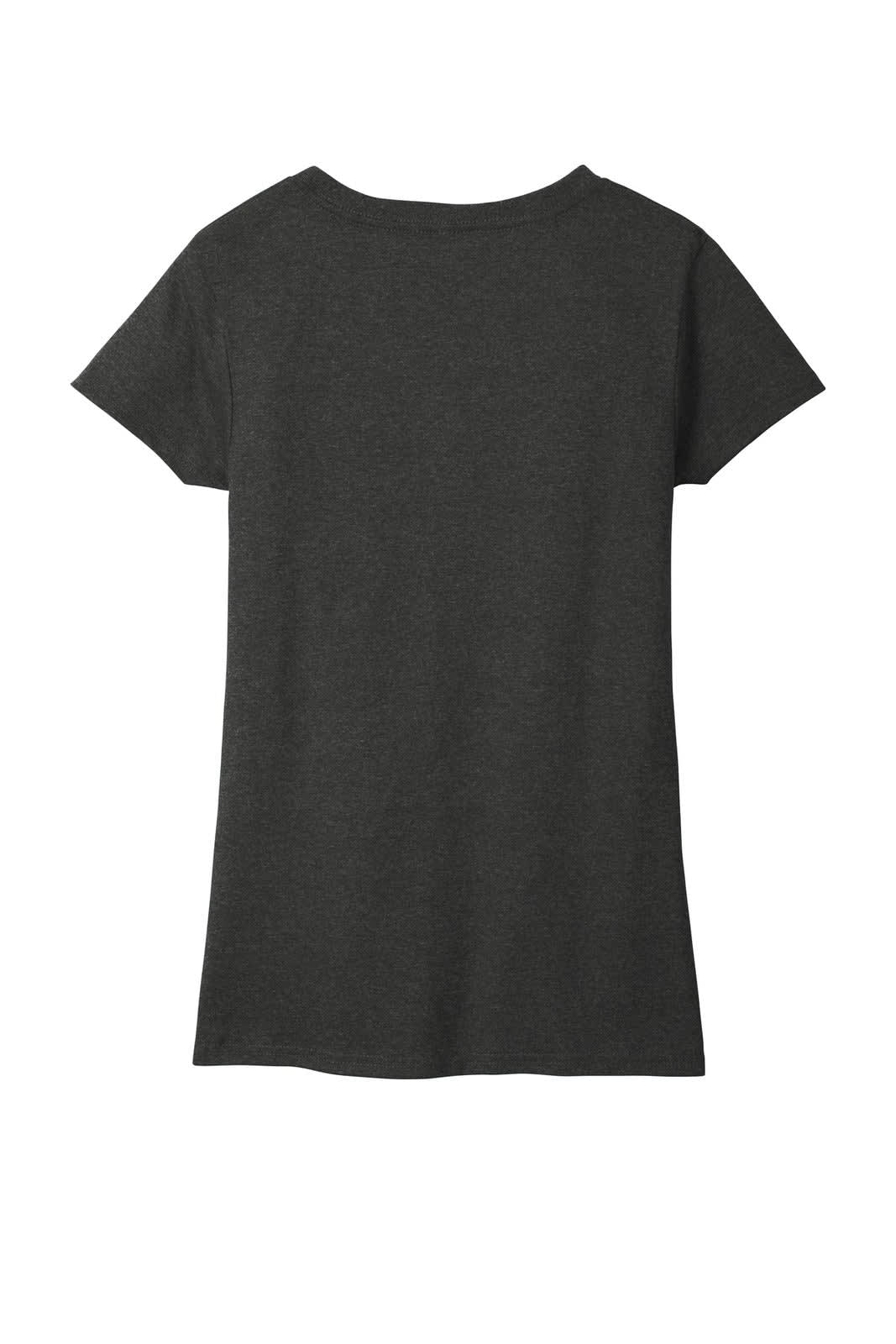 A dark grey women's V-neck t-shirt with a relaxed fit and short sleeves, featuring a logo on the back.