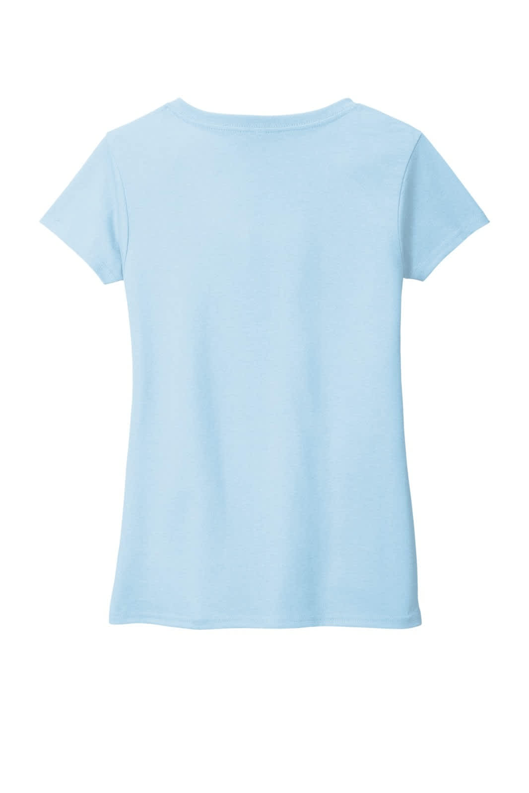 A light blue women's v-neck t-shirt, featuring short sleeves and a plain back design. It has a logo.