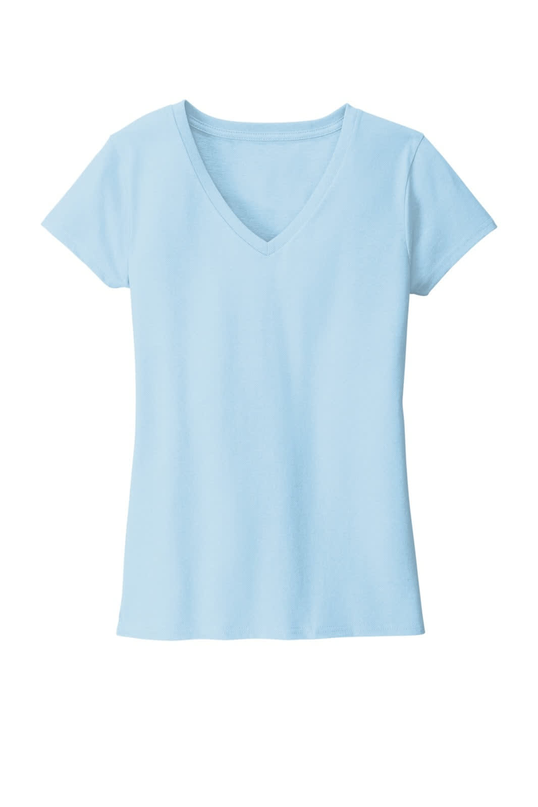A light blue women's V-neck t-shirt with short sleeves, featuring a simple design and a logo.