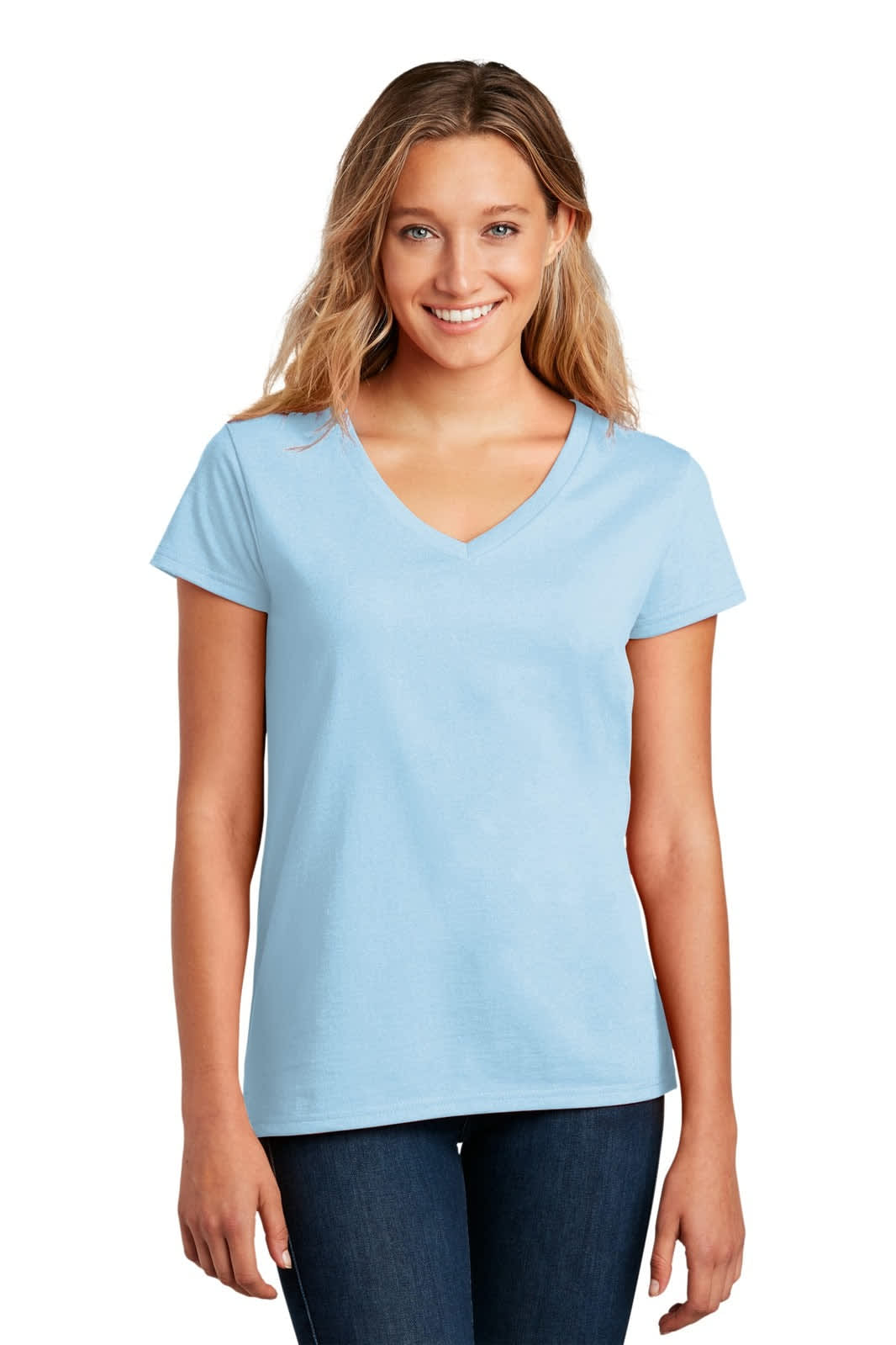 A light blue V-neck t-shirt for women, featuring short sleeves and a fitted design. Includes a logo.