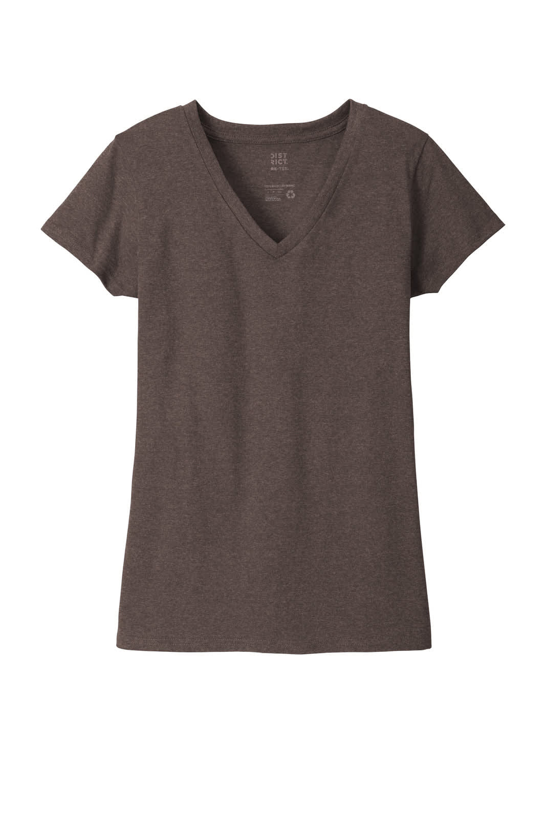 A brown v-neck t-shirt with short sleeves, featuring a logo on the neck area.