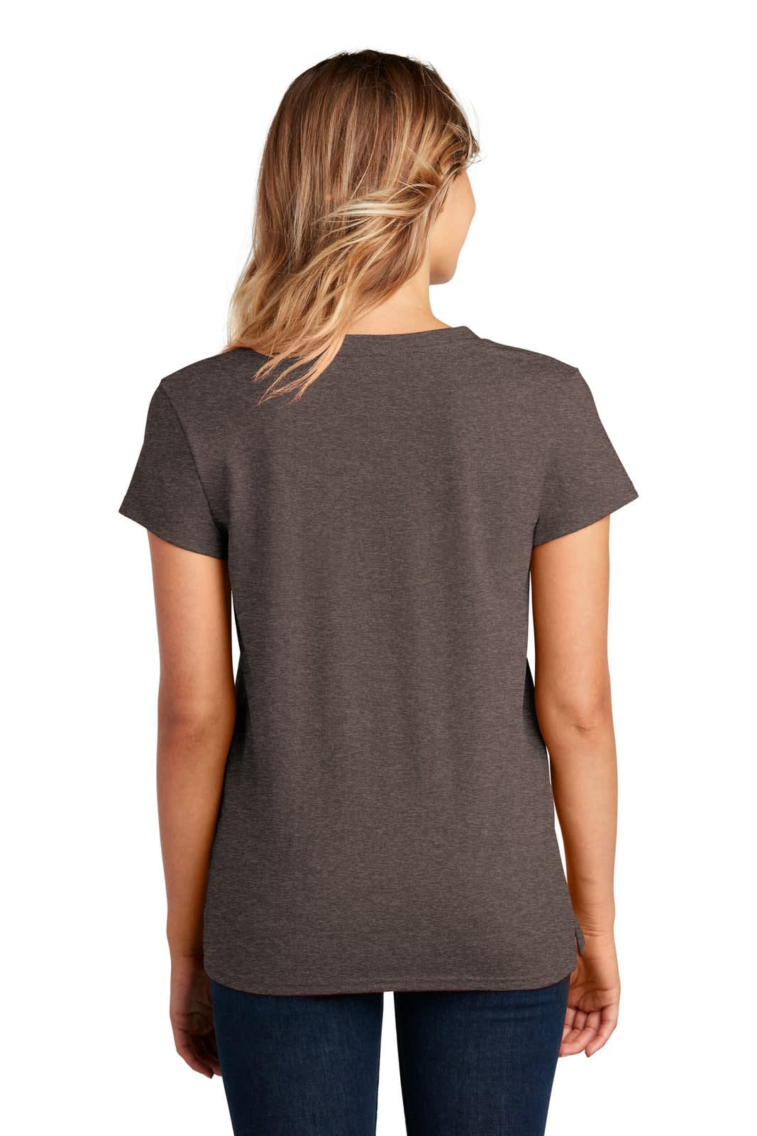 A woman in a brown V-neck t-shirt, viewed from the back, with a casual fit and short sleeves.