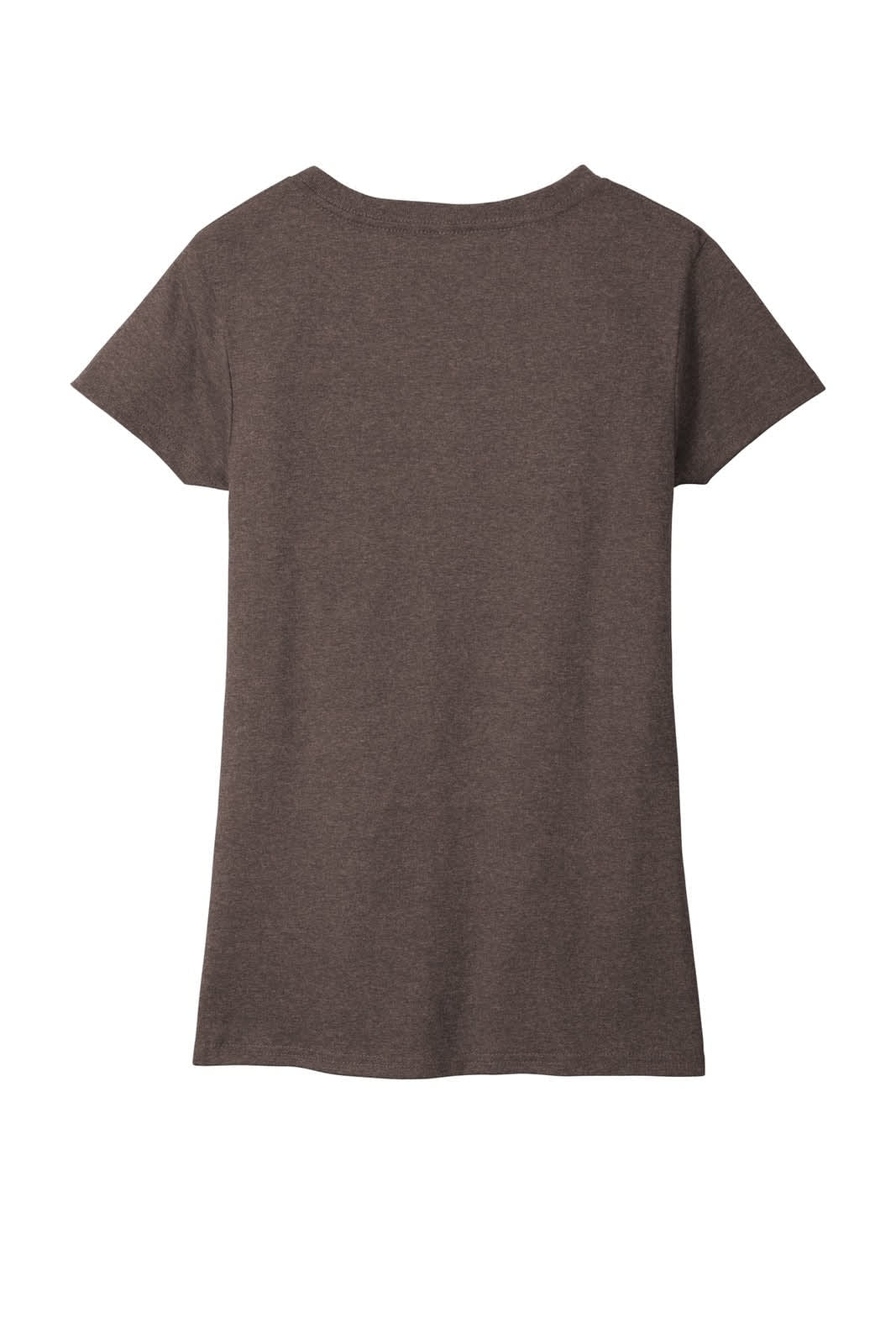 A brown v-neck t-shirt with short sleeves and a simple design, featuring a branding logo.